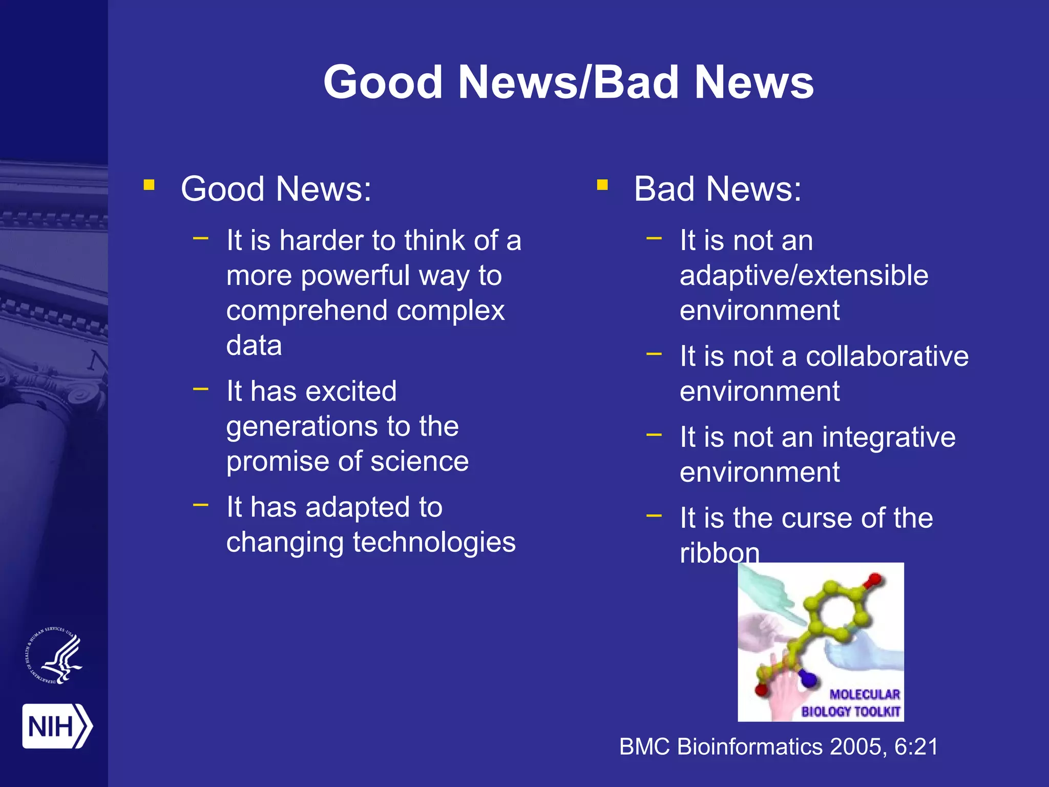 Good News/Bad News
 Good News:
– It is harder to think of a
more powerful way to
comprehend complex
data
– It has excited
generations to the
promise of science
– It has adapted to
changing technologies
 Bad News:
– It is not an
adaptive/extensible
environment
– It is not a collaborative
environment
– It is not an integrative
environment
– It is the curse of the
ribbon
BMC Bioinformatics 2005, 6:21
 