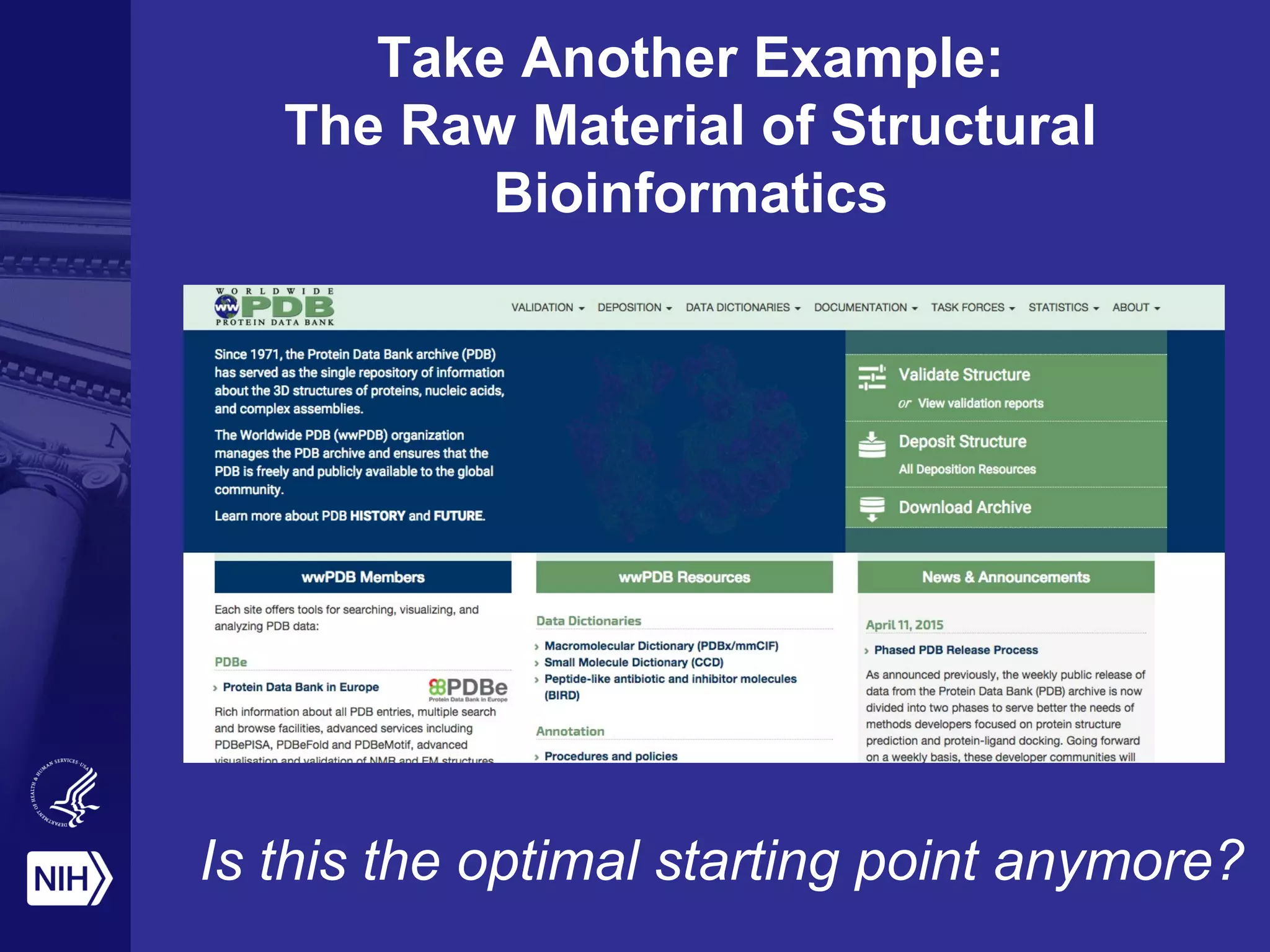 Take Another Example:
The Raw Material of Structural
Bioinformatics
Is this the optimal starting point anymore?
 