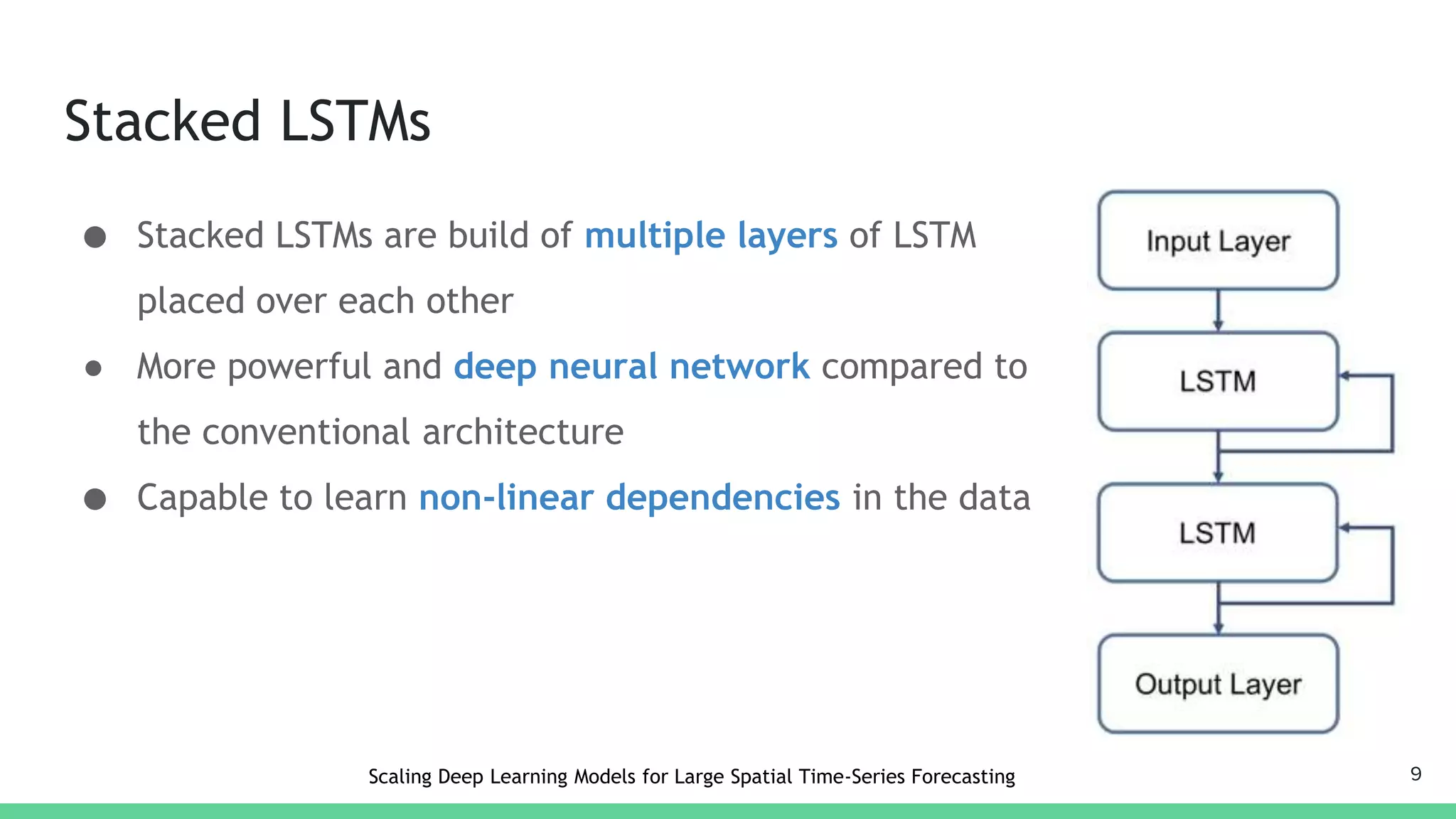 Stacked LSTMs
● Stacked LSTMs are build of multiple layers of LSTM
placed over each other
● More powerful and deep neural network compared to
the conventional architecture
● Capable to learn non-linear dependencies in the data
9Scaling Deep Learning Models for Large Spatial Time-Series Forecasting
 