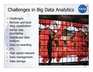 12
Challenges in Big Data Analytics
!!Challenges:
•! Remote and local
data visualization
•! Server side
processing
•! Distributed data
analysis
•! Data on-boarding
•! ETL
•! High speed network
•! Data management
•! Data storage
 