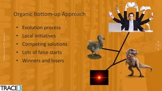 10
Organic Bottom-up Approach
• Evolution process
• Local initiatives
• Competing solutions
• Lots of false starts
• Winners and losers
 