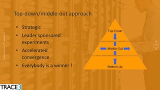 11
Top-down/middle-out approach
• Strategic
• Leader sponsored
experiments
• Accelerated
convergence
• Everybody is a winner !
 