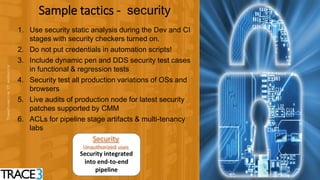 2828
Sample tactics - security
1. Use security static analysis during the Dev and CI
stages with security checkers turned on.
2. Do not put credentials in automation scripts!
3. Include dynamic pen and DDS security test cases
in functional & regression tests
4. Security test all production variations of OSs and
browsers
5. Live audits of production node for latest security
patches supported by CMM
6. ACLs for pipeline stage artifacts & multi-tenancy
labs
Security
Unauthorized uses
Security integrated
into end-to-end
pipeline
 