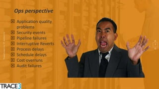 7
Ops perspective
 Application quality
problems
 Security events
 Pipeline failures
 Interruptive Reverts
 Process delays
 Schedule delays
 Cost overruns
 Audit failures
 