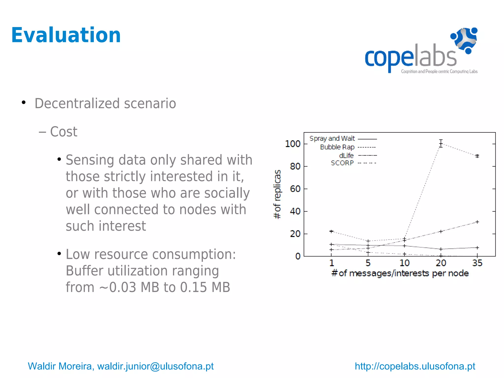 Waldir Moreira, waldir.junior@ulusofona.pt http://copelabs.ulusofona.pt
Evaluation

Decentralized scenario
– Cost
• Sensing data only shared with
those strictly interested in it,
or with those who are socially
well connected to nodes with
such interest
• Low resource consumption:
Buffer utilization ranging
from ~0.03 MB to 0.15 MB
 