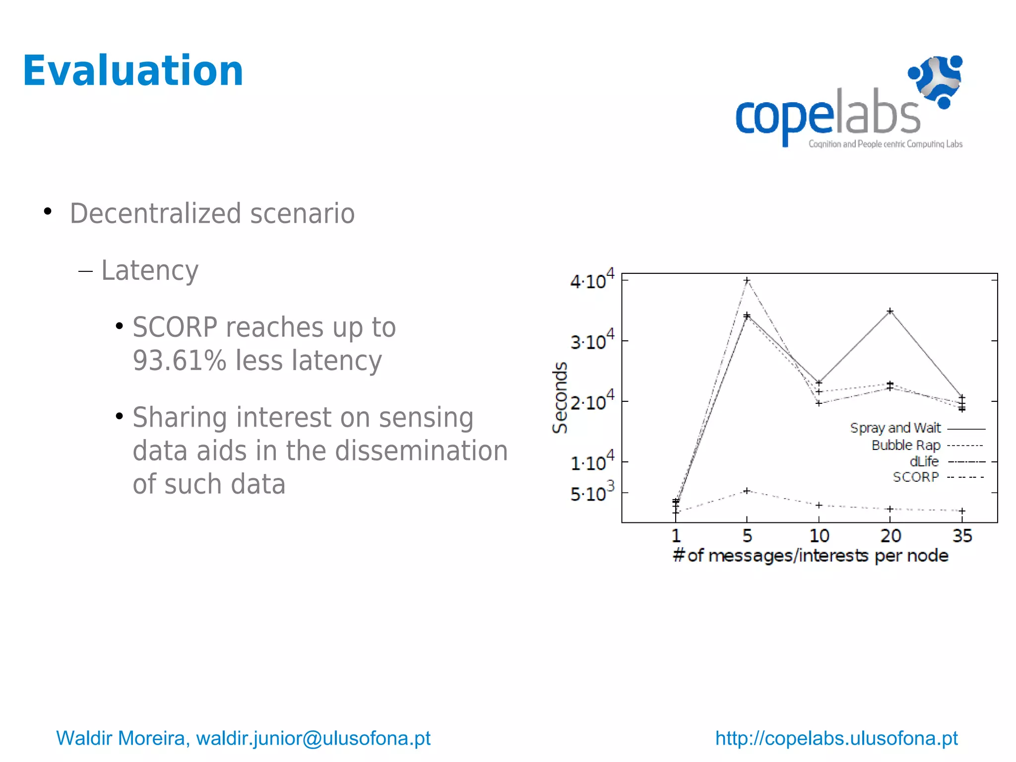 Waldir Moreira, waldir.junior@ulusofona.pt http://copelabs.ulusofona.pt
Evaluation

Decentralized scenario
– Latency
• SCORP reaches up to
93.61% less latency
• Sharing interest on sensing
data aids in the dissemination
of such data
 