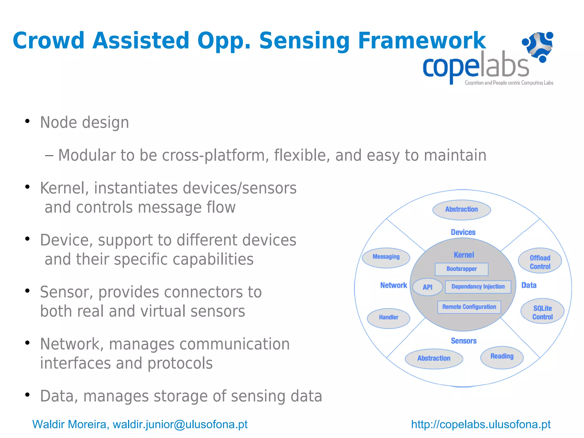 Waldir Moreira, waldir.junior@ulusofona.pt http://copelabs.ulusofona.pt
Crowd Assisted Opp. Sensing Framework

Node design
– Modular to be cross-platform, flexible, and easy to maintain

Kernel, instantiates devices/sensors
and controls message flow

Device, support to different devices
and their specific capabilities

Sensor, provides connectors to
both real and virtual sensors

Network, manages communication
interfaces and protocols

Data, manages storage of sensing data
 