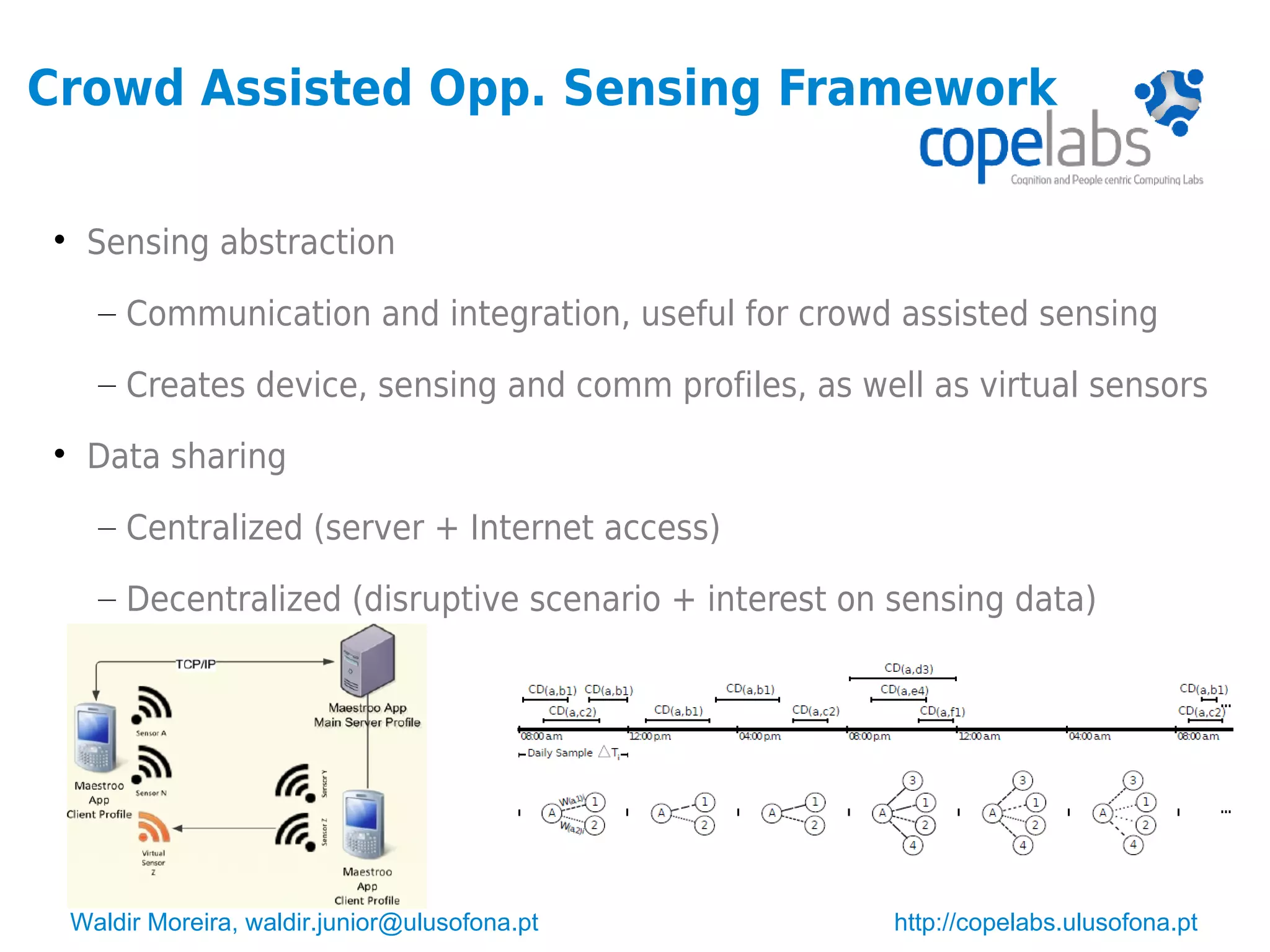 Waldir Moreira, waldir.junior@ulusofona.pt http://copelabs.ulusofona.pt
Crowd Assisted Opp. Sensing Framework

Sensing abstraction
– Communication and integration, useful for crowd assisted sensing
– Creates device, sensing and comm profiles, as well as virtual sensors

Data sharing
– Centralized (server + Internet access)
– Decentralized (disruptive scenario + interest on sensing data)
 