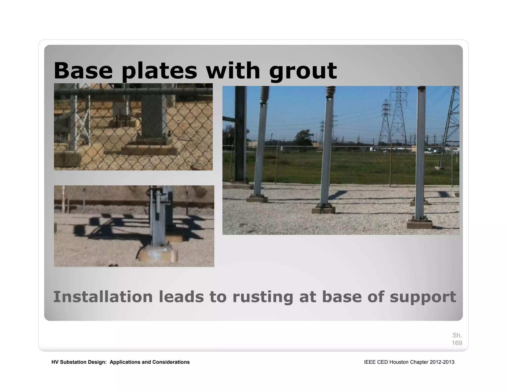 HV Substation Design: Applications and Considerations IEEE CED Houston Chapter 2012-2013
Sh.
169
Installation leads to rusting at base of support
Base plates with grout
 