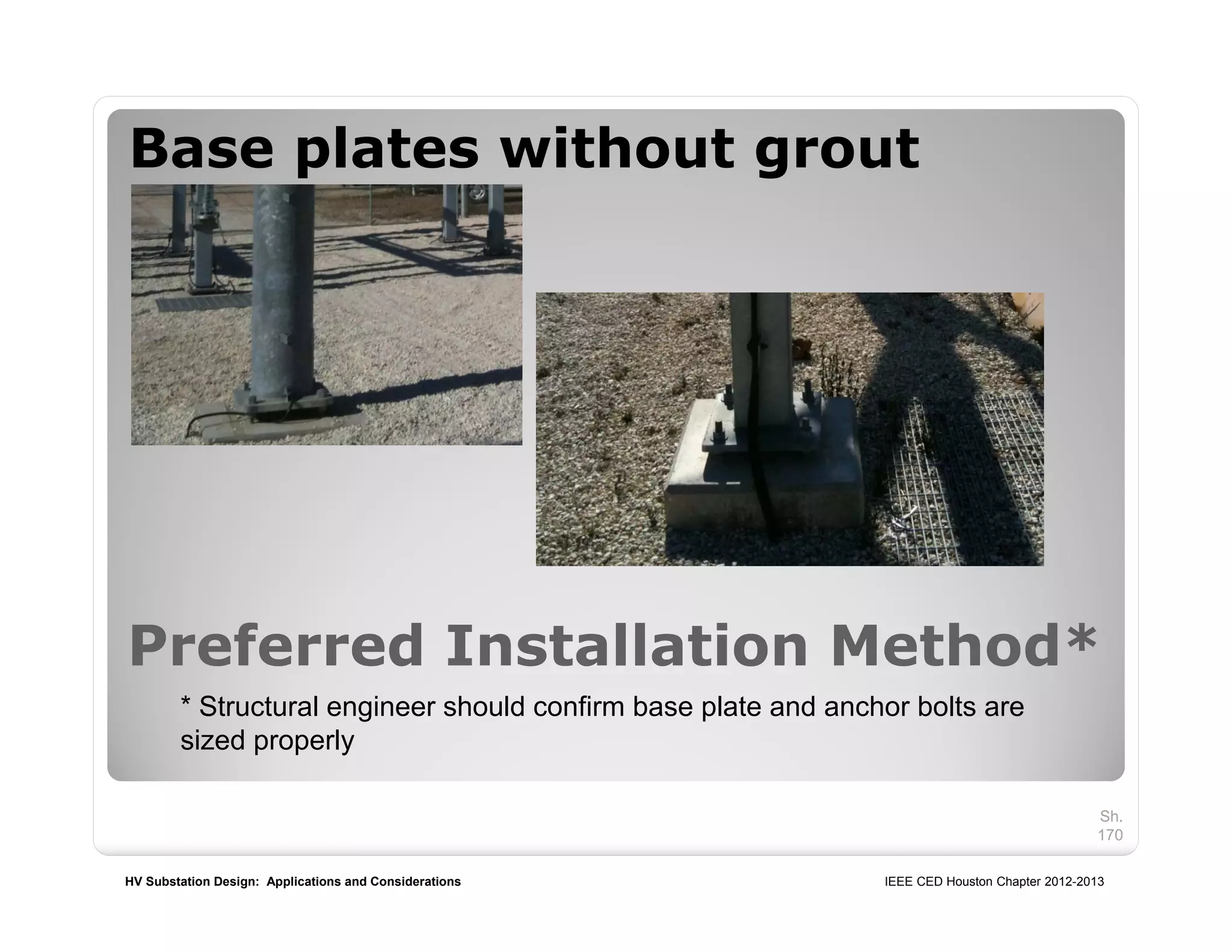 HV Substation Design: Applications and Considerations IEEE CED Houston Chapter 2012-2013
Sh.
170
Preferred Installation Method*
Base plates without grout
* Structural engineer should confirm base plate and anchor bolts are
sized properly
 