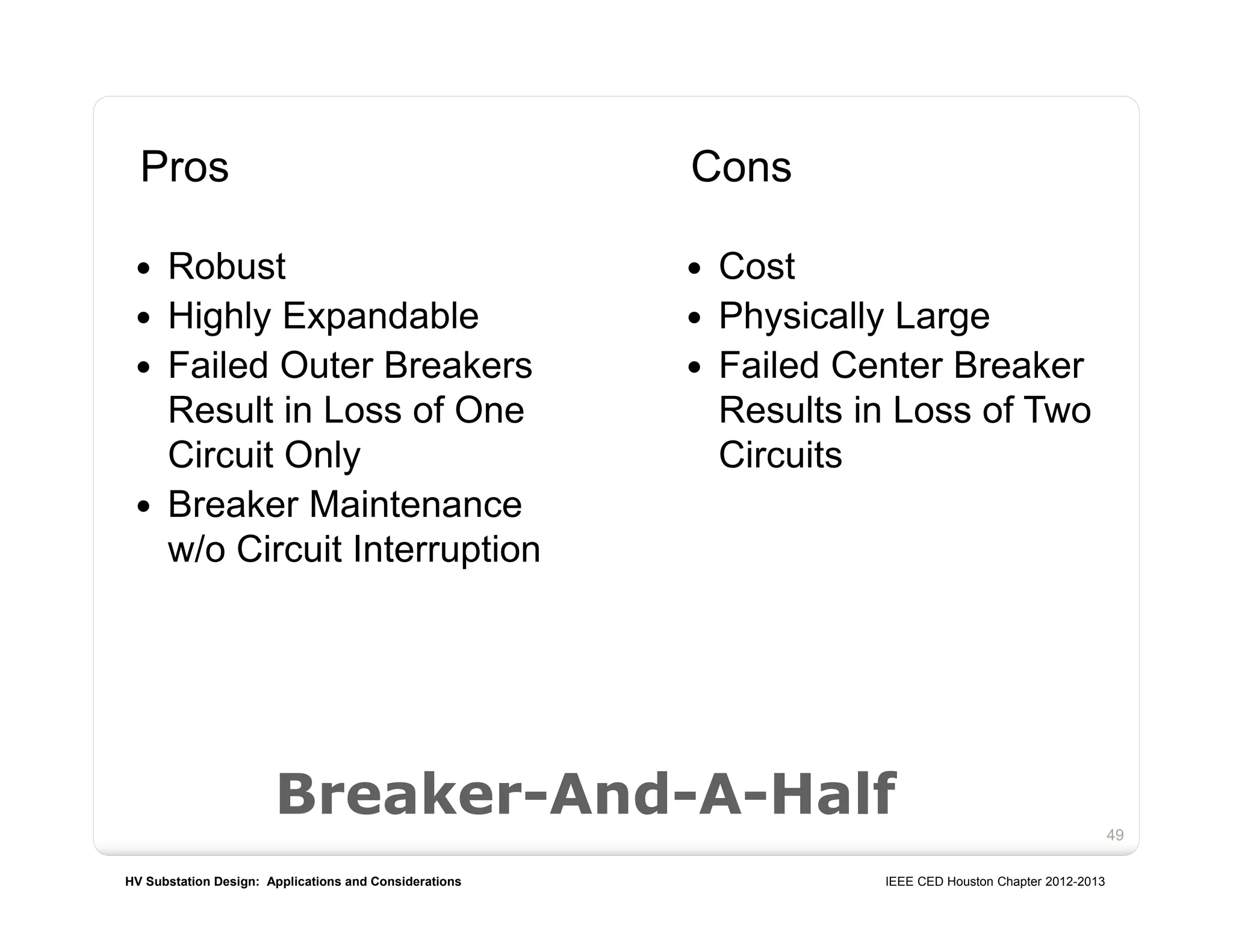HV Substation Design: Applications and Considerations IEEE CED Houston Chapter 2012-2013
49
Breaker-And-A-Half
Pros
 Robust
 Highly Expandable
 Failed Outer Breakers
Result in Loss of One
Circuit Only
 Breaker Maintenance
w/o Circuit Interruption
Cons
 Cost
 Physically Large
 Failed Center Breaker
Results in Loss of Two
Circuits
 