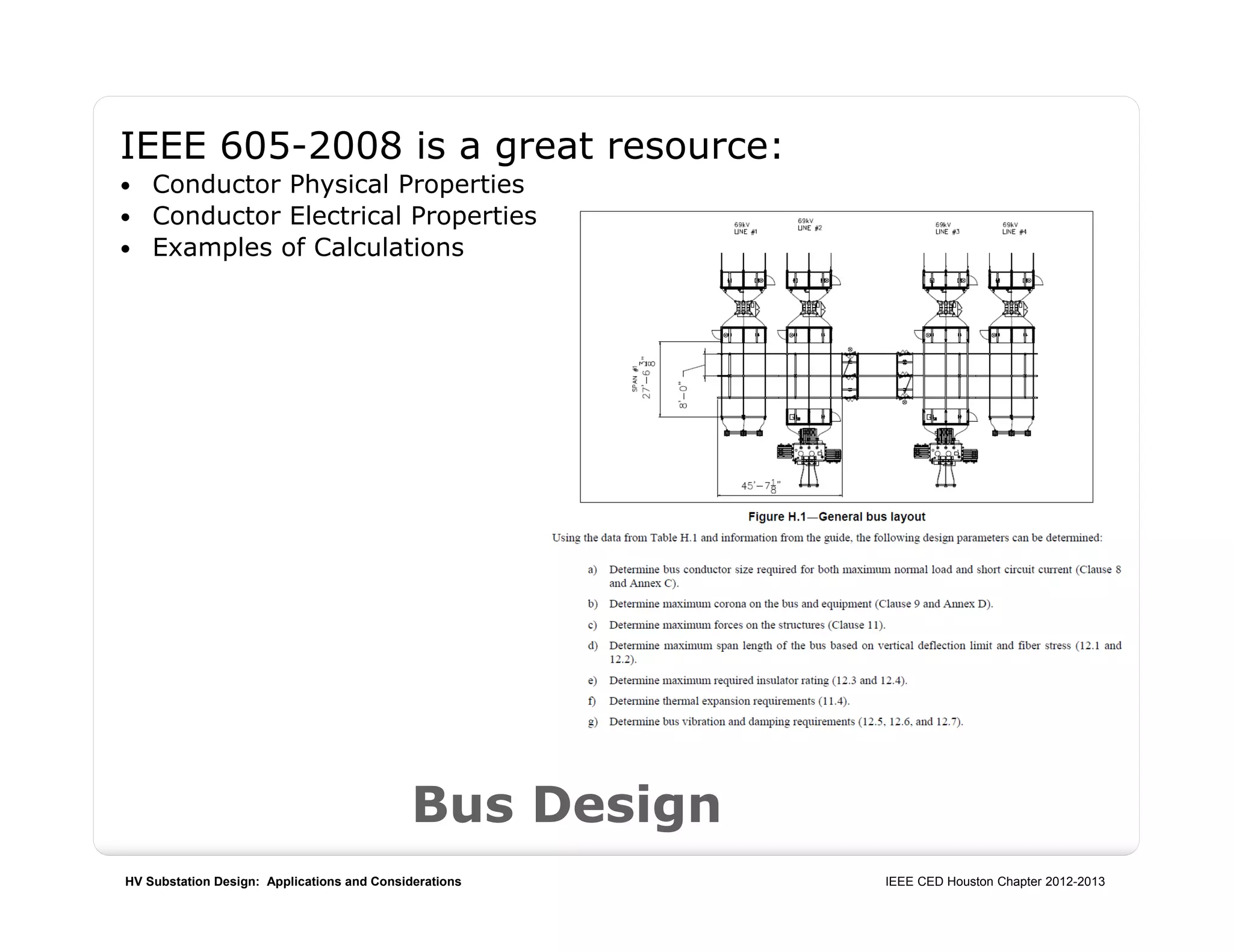 HV Substation Design: Applications and Considerations IEEE CED Houston Chapter 2012-2013
Bus Design
IEEE 605-2008 is a great resource:
 Conductor Physical Properties
 Conductor Electrical Properties
 Examples of Calculations
 