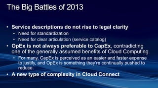 The Big Battles of 2013
• Service descriptions do not rise to legal clarity
• Need for standardization
• Need for clear articulation (service catalog)
• OpEx is not always preferable to CapEx, contradicting
one of the generally assumed benefits of Cloud Computing
• For many, CapEx is perceived as an easier and faster expense
to justify, and OpEx is something they’re continually pushed to
reduce.
• A new type of complexity in Cloud Connect
 