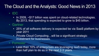 The Cloud and the Analysts: Good News in 2013
• IDC
• In 2009, ~$17 billion was spent on cloud-related technologies.
By 2013, that spending is expected to grow to $45 billion.
• Gartner
• 25% of all software delivery is expected be via SaaS platform by
year 2011
• Private Cloud Computing…will be a significant strategic
investment for businesses.
• Forrester
• Less than 10% of enterprises are leveraging IaaS today, more
than half plan to do so in the next 2-3 years.
 
