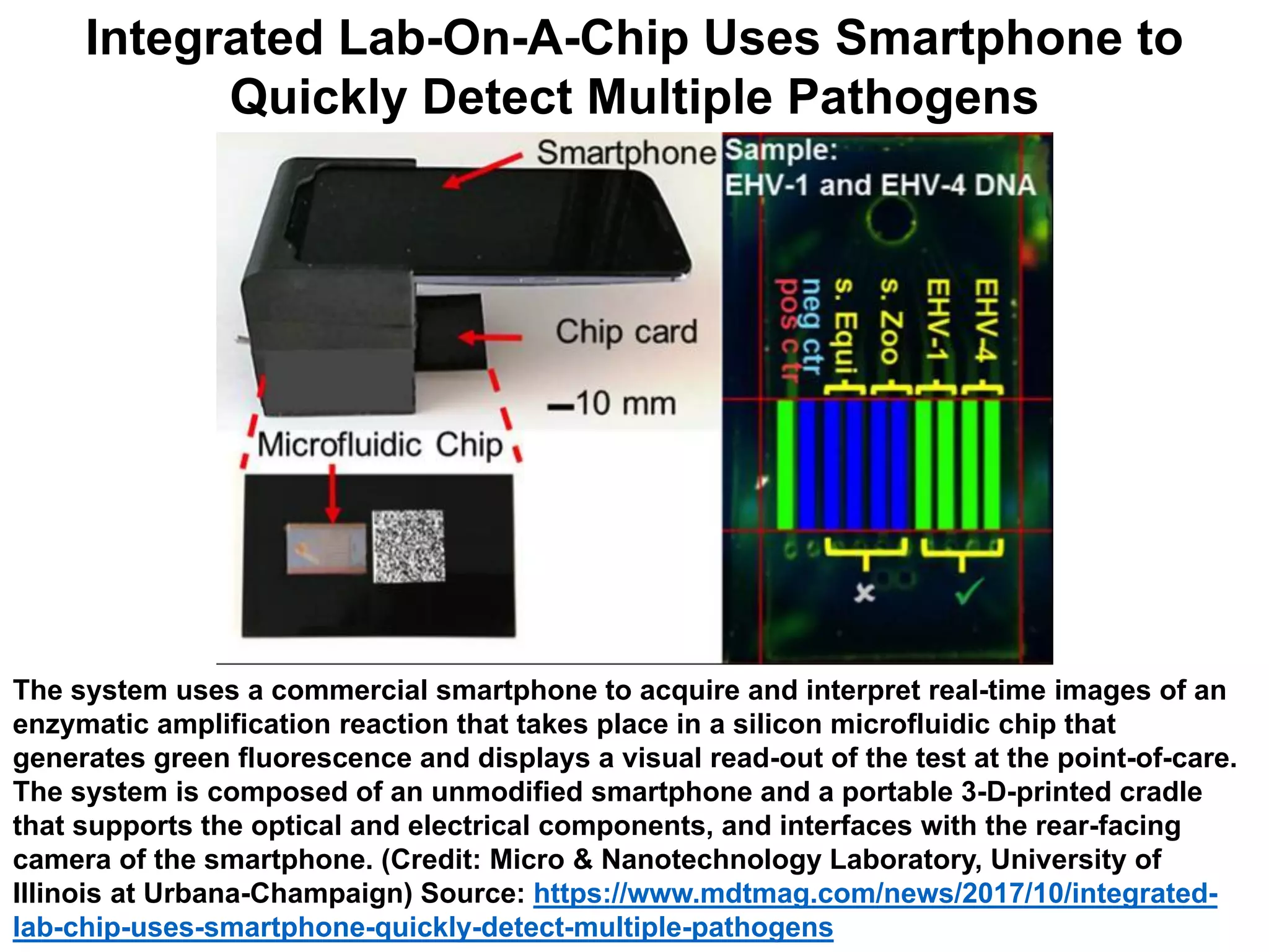 Integrated Lab-On-A-Chip Uses Smartphone to
Quickly Detect Multiple Pathogens
The system uses a commercial smartphone to acquire and interpret real-time images of an
enzymatic amplification reaction that takes place in a silicon microfluidic chip that
generates green fluorescence and displays a visual read-out of the test at the point-of-care.
The system is composed of an unmodified smartphone and a portable 3-D-printed cradle
that supports the optical and electrical components, and interfaces with the rear-facing
camera of the smartphone. (Credit: Micro & Nanotechnology Laboratory, University of
Illinois at Urbana-Champaign) Source: https://www.mdtmag.com/news/2017/10/integrated-
lab-chip-uses-smartphone-quickly-detect-multiple-pathogens
 
