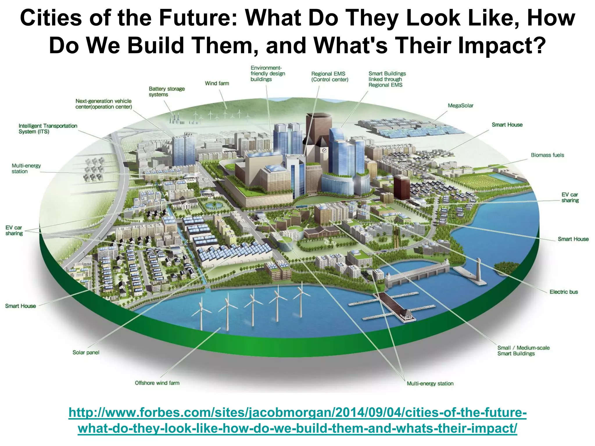 http://www.forbes.com/sites/jacobmorgan/2014/09/04/cities-of-the-future-
what-do-they-look-like-how-do-we-build-them-and-whats-their-impact/
Cities of the Future: What Do They Look Like, How
Do We Build Them, and What's Their Impact?
 
