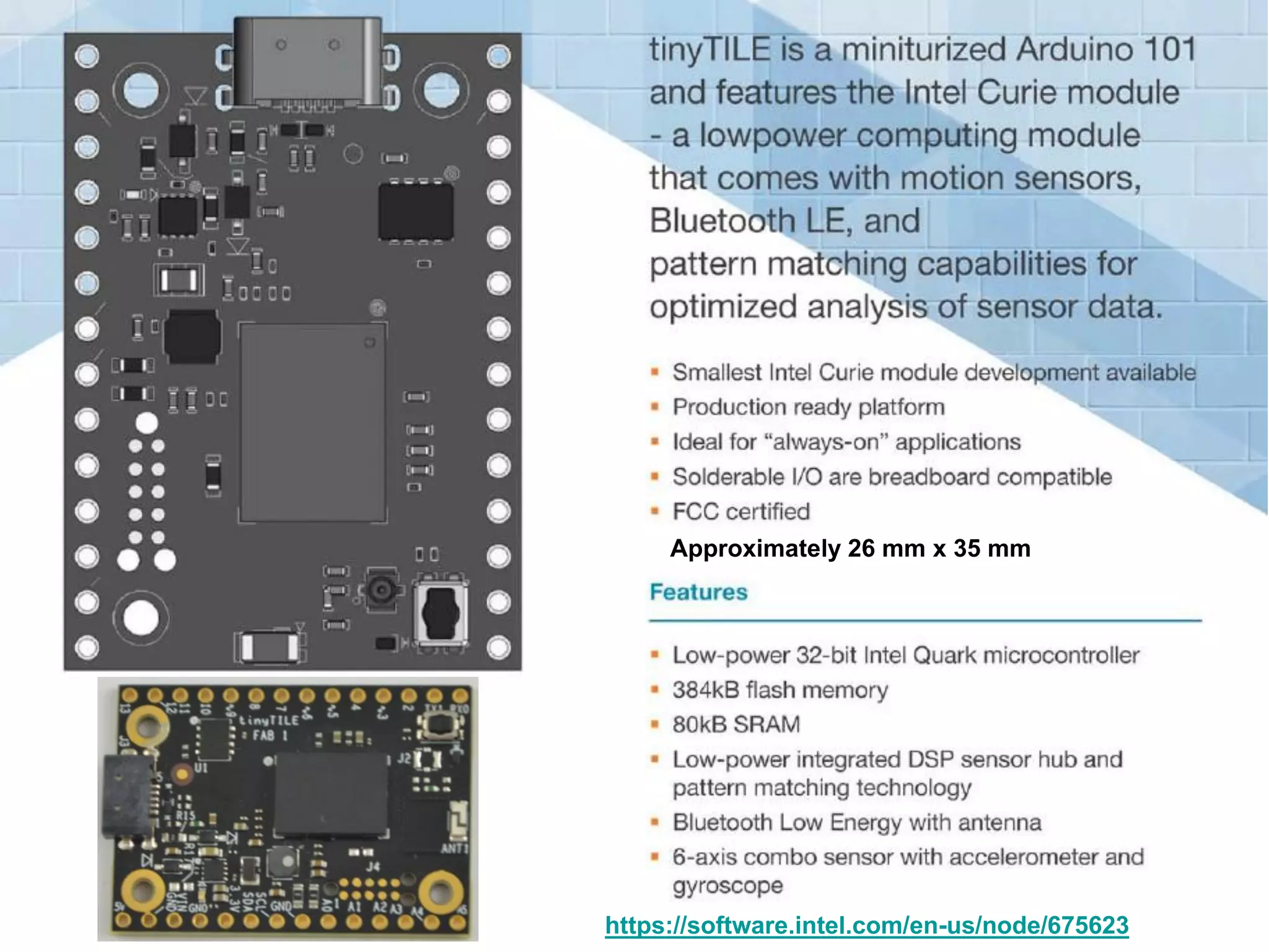 Approximately 26 mm x 35 mm
https://software.intel.com/en-us/node/675623
 