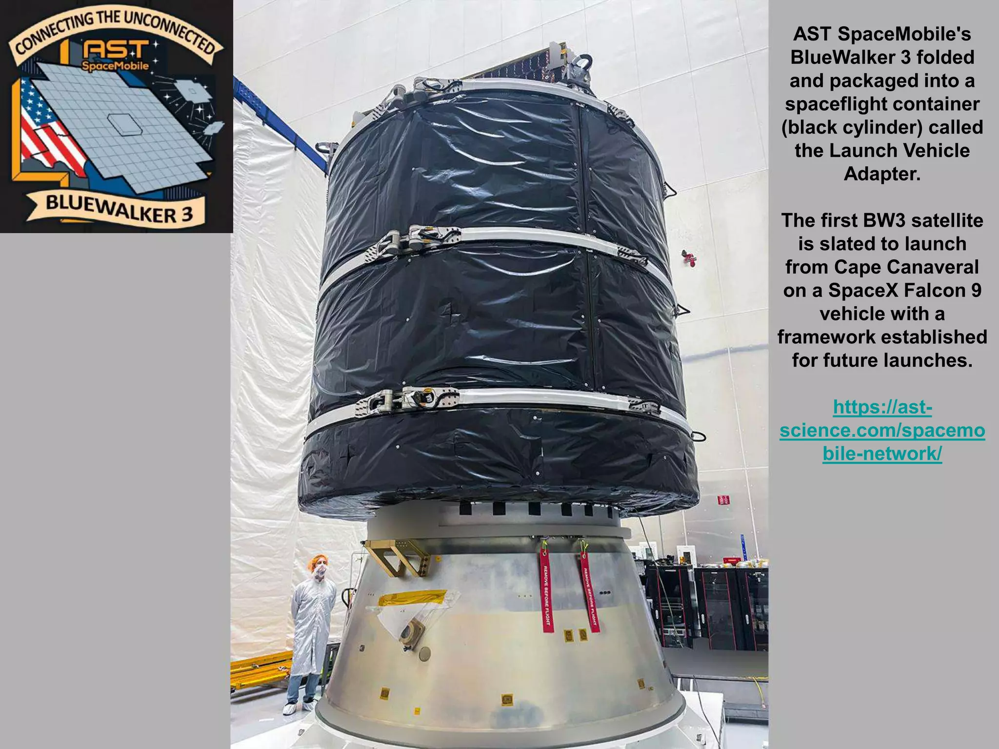 AST SpaceMobile's
BlueWalker 3 folded
and packaged into a
spaceflight container
(black cylinder) called
the Launch Vehicle
Adapter.
The first BW3 satellite
is slated to launch
from Cape Canaveral
on a SpaceX Falcon 9
vehicle with a
framework established
for future launches.
https://ast-
science.com/spacemo
bile-network/
 