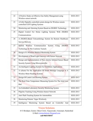 22 A Positive Study on Effective Gas Safety Management using
Wireless sensor network
IEEE-2013
23 A Fully Digitally controlled system design for Wireless remote
controlled LED Lighting Systems
IEEE-2013
24 Monitoring and Alarming System Based on ZIGBEE Technology IEEE-2013
25 Digital Control For Home Lighting Systems With ZIGBEE
Communications
IEEE-2013
26 A ZIGBEE-Based Telecardiology System for Remote Healthcare
Service Delivery
IEEE-2013
27 Hybrid Wireless Communication System Using ZIGBEE
Technology In The Coalmine Tunnels
IEEE-2013
28 Design of A Wireless Medical Monitoring System IEEE-2013
29 Development of Road Light Gateway with Sensor Network IEEE-2013
30 Design and Implementation of Pyro electric Infrared Sensor Based
Security System Using Microcontroller
IEEE-2013
31 An Intelligent Lighting System For Exhibition Applications IEEE-2013
32 A scheme For the Application Of Smart Message Language in A
Wireless Meter Reading Systems
IEEE-2013
33 Design Of Lands Lied Warning System IEEE-2013
34 The Real-Time Temperature Measuring System For The Joint Less
Rail
IEEE-2013
35 An Embedded Laboratory Security Monitoring System IEEE-2013
36 Pilgrims Tracking Using Wireless Sensor Network IEEE-2013
37 Anti-Theft Tracking System for Automobiles IEEE-2013
38 Monitoring Patients’ Signs Wirelessly IEEE-2013
39 Intelligence Monitoring System Based on Controller And IEEE-2013
Vision Solutions
4/13 Brodipet, Guntur | Benz Circle ,Vijayawada | Ameerpet, Hyderabad
E-Mail:visionsolutions.9@gmail.com
call-9603150547
 