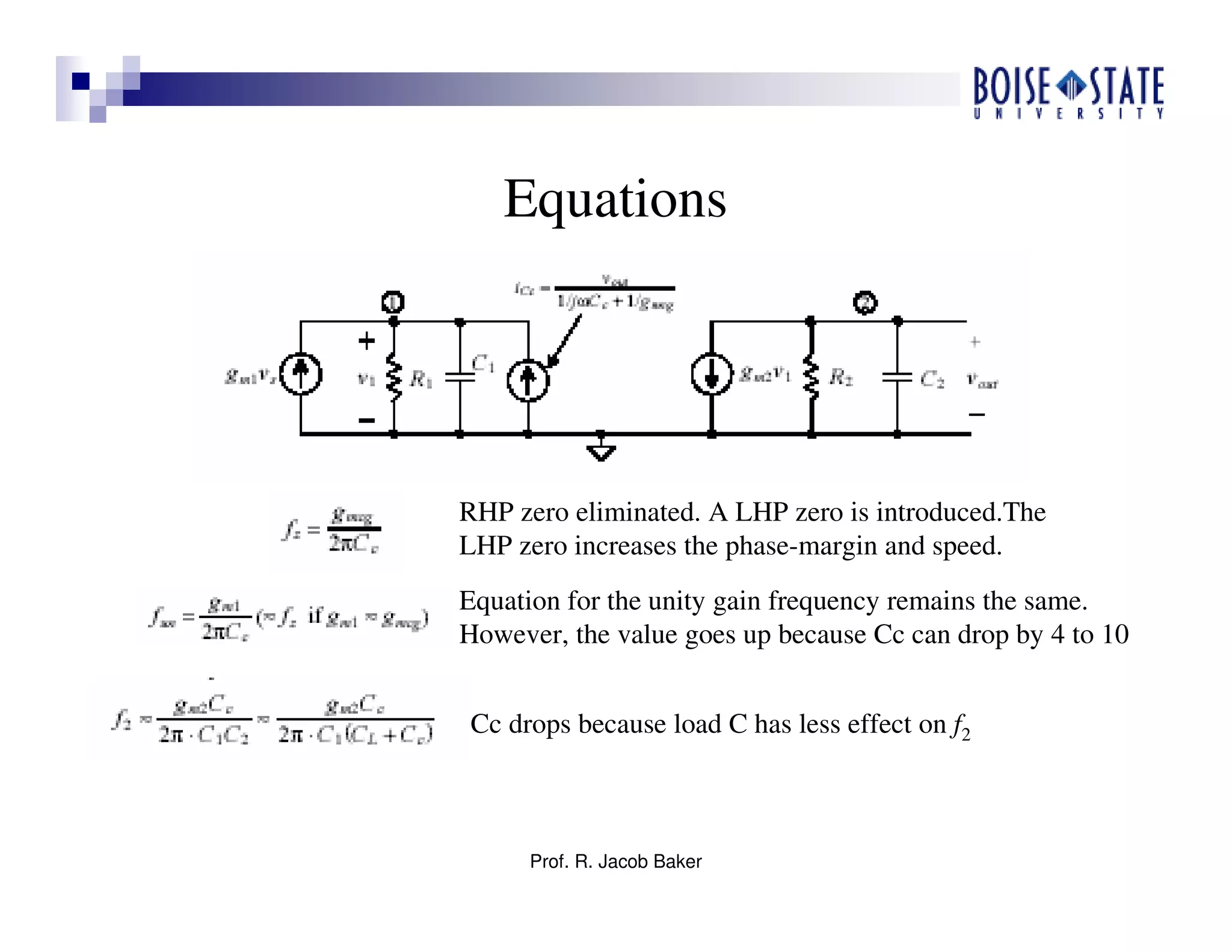 Prof. R. Jacob Baker
Equations
RHP zero eliminated. A LHP zero is introduced.The
LHP zero increases the phase-margin and speed.
Equation for the unity gain frequency remains the same.
However, the value goes up because Cc can drop by 4 to 10
Cc drops because load C has less effect on f2
 