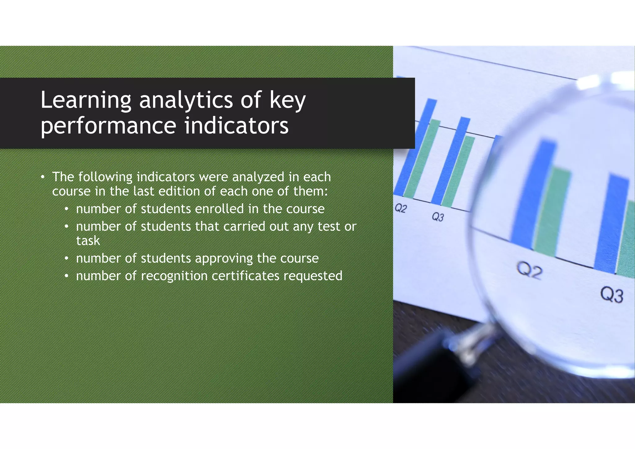 Learning analytics of key
performance indicators
• The following indicators were analyzed in each
course in the last edition of each one of them:
• number of students enrolled in the course
• number of students that carried out any test or
task
• number of students approving the course
• number of recognition certificates requested
 