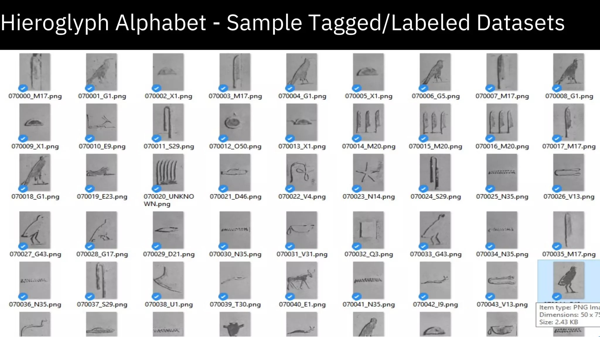 11 Hieroglyph Alphabet - Sample Tagged/Labeled Datasets 