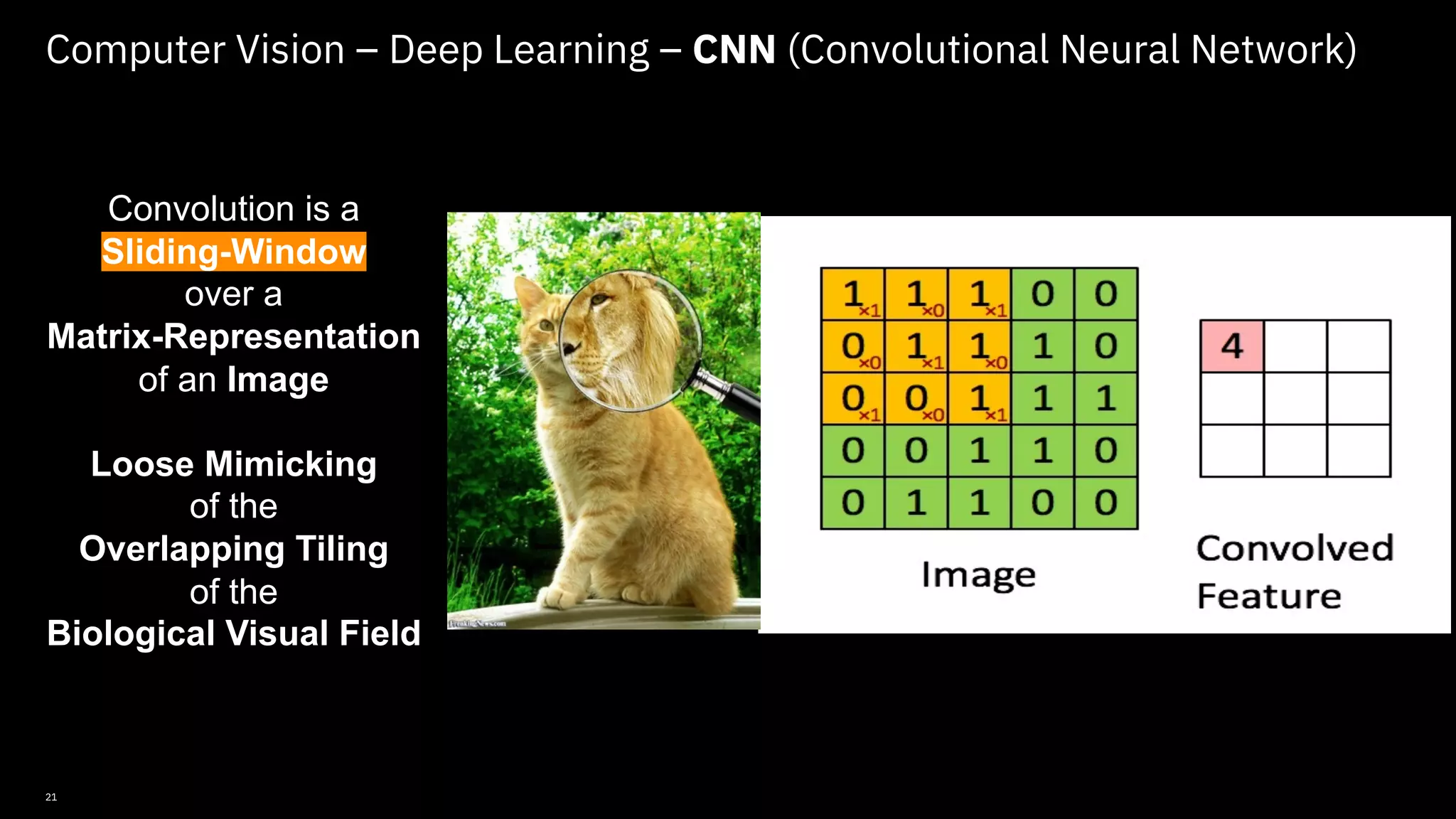 21 Computer Vision – Deep Learning – CNN (Convolutional Neural Network) © Copyright IBM Corporation 2019, 2021 Convolution is a Sliding-Window over a Matrix-Representation of an Image Loose Mimicking of the Overlapping Tiling of the Biological Visual Field 