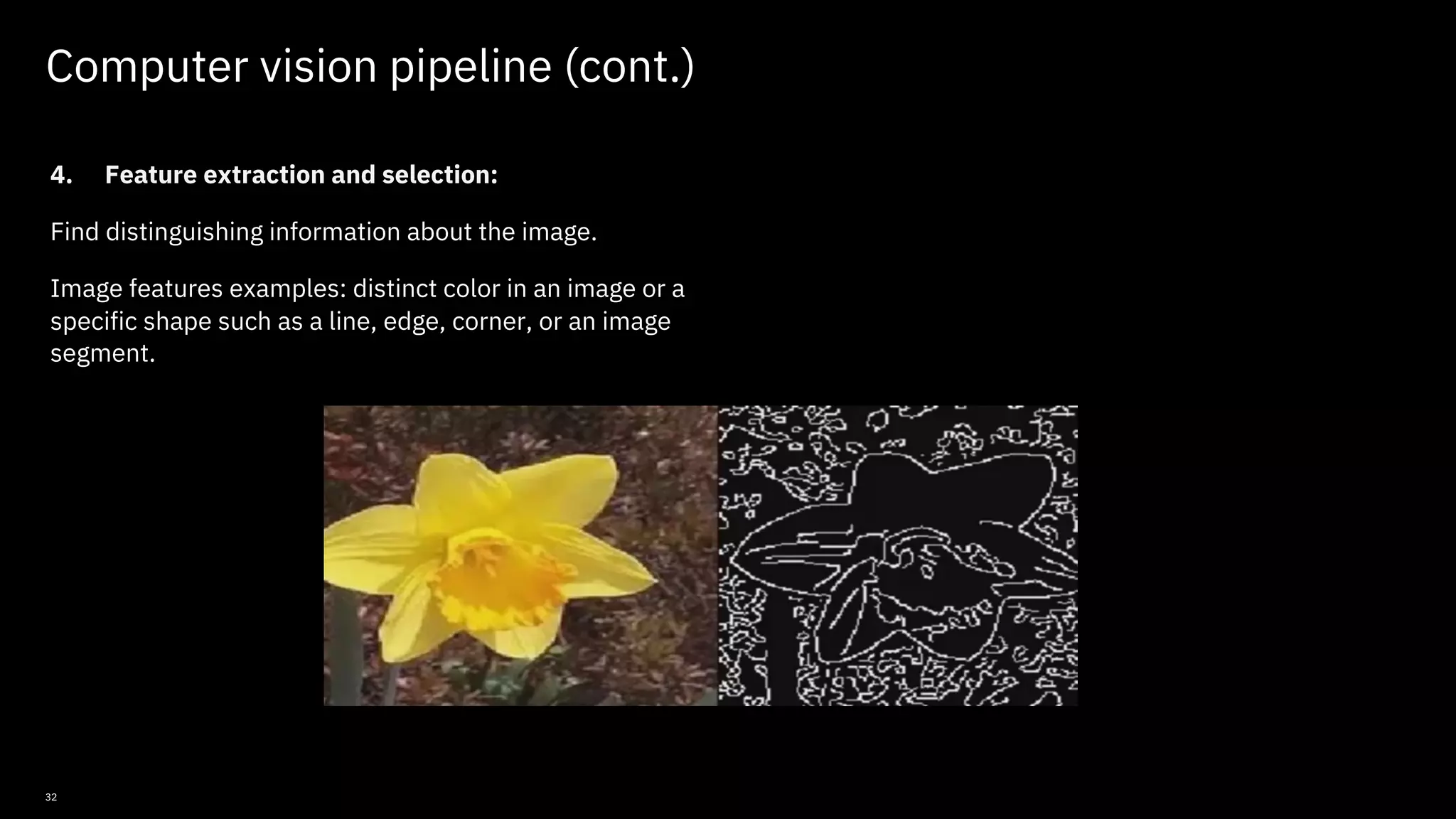 32 Computer vision pipeline (cont.) 4. Feature extraction and selection: Find distinguishing information about the image. Image features examples: distinct color in an image or a specific shape such as a line, edge, corner, or an image segment. © Copyright IBM Corporation 2019, 2021 