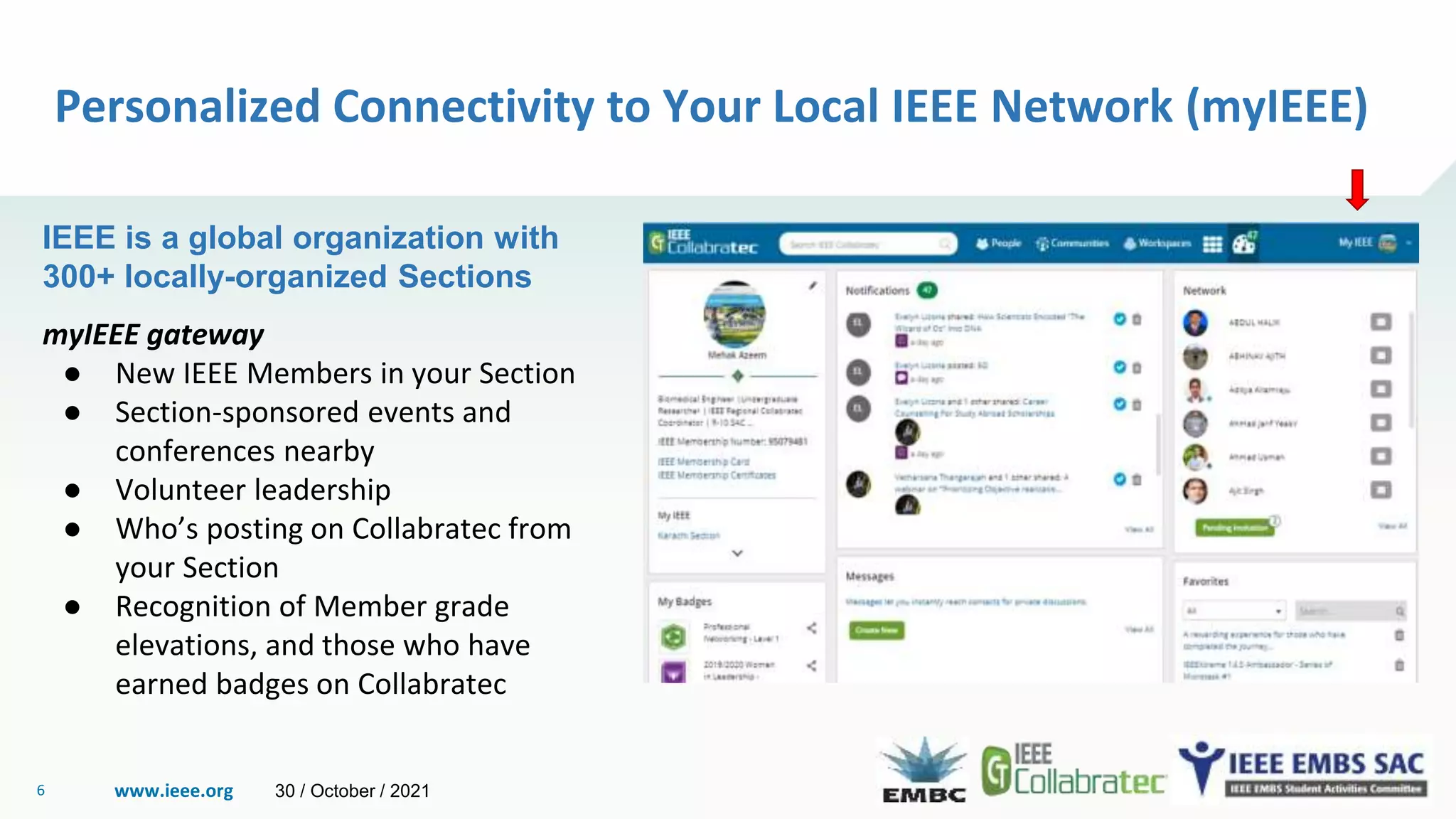 www.ieee.org
6
Personalized Connectivity to Your Local IEEE Network (myIEEE)
IEEE is a global organization with
300+ locally-organized Sections
myIEEE gateway
● New IEEE Members in your Section
● Section-sponsored events and
conferences nearby
● Volunteer leadership
● Who’s posting on Collabratec from
your Section
● Recognition of Member grade
elevations, and those who have
earned badges on Collabratec
30 / October / 2021
 