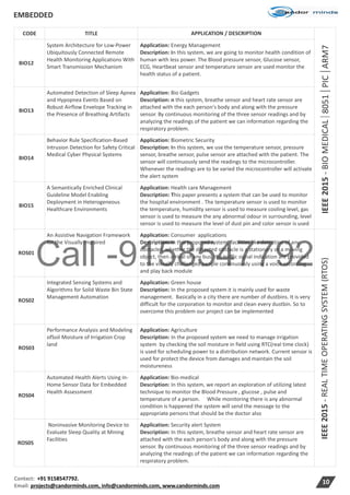 Call -9158547792
EMBEDDED
Contact: +91 9158547792.
Email: projects@candorminds.com, info@candorminds.com, www.candorminds.com
10
IEEE2015-BIOMEDICAL8051PICARM7
CODE TITLE APPLICATION / DESCRIPTION
BIO12
System Architecture for Low-Power
Ubiquitously Connected Remote
Health Monitoring Applications With
Smart Transmission Mechanism
Application: Energy Management
Description: In this system, we are going to monitor health condition of
human with less power. The Blood pressure sensor, Glucose sensor,
ECG, Heartbeat sensor and temperature sensor are used monitor the
health status of a patient.
BIO13
Automated Detection of Sleep Apnea
and Hypopnea Events Based on
Robust Airflow Envelope Tracking in
the Presence of Breathing Artifacts
Application: Bio Gadgets
Description: n this system, breathe sensor and heart rate sensor are
attached with the each person's body and along with the pressure
sensor. By continuous monitoring of the three sensor readings and by
analyzing the readings of the patient we can information regarding the
respiratory problem.
BIO14
Behavior Rule Specification-Based
Intrusion Detection for Safety Critical
Medical Cyber Physical Systems
Application: Biometric Security
Description: In this system, we use the temperature sensor, pressure
sensor, breathe sensor, pulse sensor are attached with the patient. The
sensor will continuously send the readings to the microcontroller.
Whenever the readings are to be varied the microcontroller will activate
the alert system
BIO15
A Semantically Enriched Clinical
Guideline Model Enabling
Deployment in Heterogeneous
Healthcare Environments
Application: Health care Management
Description: This paper presents a system that can be used to monitor
the hospital environment . The temperature sensor is used to monitor
the temperature, humidity sensor is used to measure cooling level, gas
sensor is used to measure the any abnormal odour in surrounding, level
sensor is used to measure the level of dust pin and color sensor is used
ROS01
An Assistive Navigation Framework
for the Visually Impaired
Application: Consumer applications
Description: In this proposed system, facilities like detection of any
obstacles, whether the detected obstacle is a stationary or a moving
object, then arrival of any bus, the traffic signal indication are provided
to the visually challenged people continuously using a voice recording
and play back module
IEEE2015-REALTIMEOPERATINGSYSTEM(RTOS)
ROS02
Integrated Sensing Systems and
Algorithms for Solid Waste Bin State
Management Automation
Application: Green house
Description: In the proposed system it is mainly used for waste
management. Basically in a city there are number of dustbins. It is very
difficult for the corporation to monitor and clean every dustbin. So to
overcome this problem our project can be implemented
ROS03
Performance Analysis and Modeling
ofSoil Moisture of Irrigation Crop
land
Application: Agriculture
Description: In the proposed system we need to manage irrigation
system by checking the soil moisture in field using RTC(real time clock)
is used for scheduling power to a distribution network. Current sensor is
used for protect the device from damages and maintain the soil
moistureness
ROS04
Automated Health Alerts Using In-
Home Sensor Data for Embedded
Health Assessment
Application: Bio-medical
Description: In this system, we report an exploration of utilizing latest
technique to monitor the Blood Pressure , glucose , pulse and
temperature of a person. While monitoring there is any abnormal
condition is happened the system will send the message to the
appropriate persons that should be the doctor also
ROS05
Noninvasive Monitoring Device to
Evaluate Sleep Quality at Mining
Facilities
Application: Security alert System
Description: In this system, breathe sensor and heart rate sensor are
attached with the each person’s body and along with the pressure
sensor. By continuous monitoring of the three sensor readings and by
analyzing the readings of the patient we can information regarding the
respiratory problem.
 