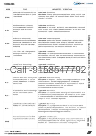 Call -9158547792
EMBEDDED
Contact: +91 9158547792.
Email: projects@candorminds.com, info@candorminds.com, www.candorminds.com
11
IEEE2015-REALTIMEOPERATINGSYSTEM(RTOS)
CODE TITLE APPLICATION / DESCRIPTION
ROS06
Minimizing the Disruption of Traffic
Flow of Automated Vehicles During
Lane Changes
Application: Automation
Description: Here we are proposingsensor based vehicle counting, type
and speed of the vehicle The monitored data is send to control section
and data’s are stored
ROS07
Recommendations Supporting
Situation Awareness in Partially
Automated Driver Assistance
Systems
Application: Automation
Description: In this project Automated Traffic avoidance of traffic and
major accident in the crowded area and emergency section. RF is used
to speed limit Zigbee is used on communication
ROS08
An Advanced Home Energy
Management System Facilitated by
Nonintrusive Load Monitoring With
Automated Multiobjective Power
Scheduling
Application: Power management
Description: Here current sensor is used for protect the devices from
faults like 1.over voltages 2.under voltage. If any one of the above
problem happens the device is automatically share or switch off the
device. Controller status and everything is displayed in LCD.
ROS09
GPRS based Local Coverage-Aware
Recovery Schemes for Smart
Environments
Application: Green house
Description: This paper presents a system that can be used to monitor
the landslide in particular areas. The micro controller is connected with
four types of sensors called as rain gauge sensor, gas sensor, fire sensor
and mems sensor
ROS10
Optimal Smart Home Energy
Management Considering Energy
Saving and a Comfortable Lifestyle
Application: Smart home
Description: In this paper, a multi objective mixed integer nonlinear
programming model is developed for optimal energy use in a smart
home, considering a meaningful balance between energy saving and a
comfortable lifestyle.
ROS11
Detection of Localized Bearing Faults
in Induction Machines by Spectral
Kurtosis and Envelope Analysis of
Stator Current
Application: Production industry
Description: In this paper, a wireless monitoring system forthree phase
induction motor is realized using Zigbeeprotocol, where wired
communication is either moreexpensive or impossible due to physical
conditions andhuman hazards for safe and economic
datacommunication in industrial fields.
ROS12
An optimization of low cost and high
efficient comorbidities patient
monitor
Application: Bio-medical
Description: This paper illustrates the design and implementation of an
e-health monitoring networked system. The architecture for this system
is based on smart devices and wireless sensor networks for real time
analysis of various parameters of patients
ROS13
Global health care for self-assistive
medibox and preventive medicine
Application: Bio-medical
Description: This paper presents a summary of discussions that took
place during the keynote presentations, panel discussions, and breakout
sessions on needs, challenges, and technology innovations in POC
technologies toward improving global healthcare.
EM01
Three Dimensional Conveyer With
Integrated Electrostatic Actuators
Application: Smart Industry
Description: In this system human power is not used therefore error is
less also required low time with provides highest security and greatest
flexibility. It is a reliable system compared to existing system.
IEEE2015-
MECHANISM
 
