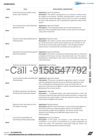 Call -9158547792
EMBEDDED
Contact: +91 9158547792.
Email: projects@candorminds.com, info@candorminds.com, www.candorminds.com
13
CODE TITLE APPLICATION / DESCRIPTION
IEEE2015-MECHANISM
EM11
A Real Time Security System Using
Hover Craft In Defense
Application: Smart Surveillance
Description: This system is proposed to use as vehicle in military areas
for soldiers in the mission. The 8051 microcontroller is used to control
the interfaced module like Zigbee and dc motor. Dc motor is employed
for hover craft mechanism. Lcd is interfaced to update the status of the
system.
EM12
An Innovative Grass Cutter RobotFor
Agriculture Field
Application: Agriculture Robot
Description: In this proposed system we are cutting the grass of
agriculture fied using Robot there will be a cutter used to cut the grass
using cutter mechanism
EM13
Dynamic Vision Based Multilevel Car
Parking System
Application: Machine Vision
Description: This system is mainly used to find the parking place for the
car. The IR sensors are used to sense weather the car is present or not.
The IR sensor continuously sends IR signals. If the IR signal received
means the car is not present & in that place we can park the car
EM14
Automatic Planning And Coverage Of
Wall Painting Robot
Application:SuperDroidRobots
Description: This system is proposed as wall painting robot, to reduce the
complexity of the human and also reducing the labor cost. This system is
developed by interfacing of color sensor and automated wall painting
robotmechanism.
EM15
Detection And Analysis Of High Rise
Stationary Pipes
Application:SwarmRobot
Description : In proposed system, we can design a new system to check
the material quality such as pipe, metal The robot controlling part fully
based on wireless protocol Zigbee. Using from PC we are giving the
commandsforrobotoperatingpurpose.
EM16
Low Cost Row Guidance Seeding And
Planting Robot
Application: Agriculture Robot
Idescription: This system is proposed as agriculture robot, it is mainly
used for putting the seed one by one on the former agriculture land.
This is developed by interfacing the dc motor and relay driver for
agriculture mechanism and Zigbee is used for manipulating the robot by
giving input from control section.
EM17
An Efficient Detection And Monitor
Of Vehicle Side Stand Alert System
Application: Safer Side
Description : In proposed system, side stand mechanism is used. The
mechanism checks the side stand of the vehicle and when it is about to be
operated by the vehicle holder, it will alert about the status of the side
standandtheheadlightofthevehicle.
EM18
Machine Vision Technique For Find
Out Defect In Orange
Application: Packing Industry
Description: Machine vision technique is used to find out the defects in
the fruits.To attain our proposed system need to use PIC16F877A
microcontroller, weight sensor MAX232, LCD, Buzzer and DC motor.
Quality of fruit finding out by MATLAB and give input to the
microcontroller.
EM19
Control Of A Snake Robot For
Ascending And Descending Steps
Application:SmartSurveillance
Description: In this paper, we propose a new snake-like robot for
surveillance. It can move in any direction by a proper combination of
motor and relays. The mechanism constructed using DC motors; the
motorsareactuatedbyelectromechanicalrelays.
 