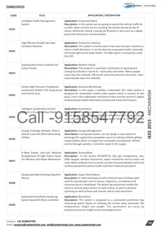 Call -9158547792
EMBEDDED
Contact: +91 9158547792.
Email: projects@candorminds.com, info@candorminds.com, www.candorminds.com
14
CODE TITLE APPLICATION / DESCRIPTION
IEEE2015-MECHANISM
EM21
Intelligent Traffic Management
System
Application: Humanoid Robot
Description: In this system we are going to control the vehicle traffic by
a traffic robot. So here we are counting the vehicle density by the IR
sensor. Whenever vehicle crossing the IR sensor it will count as a digital
pulse that will send to microcontroller.
EM22
High Efficient Parallel Two Way
Conveyor Machine
Application: Production Industry
Description: This system is mainly used in two way conveyor machine to
move in both directions. It can be done by using water bottle. Generally
LED sends light to the water bottle. The light signal is received by using
the LDR.
EM23
Sophisticated Smart Umbrella For
Future Trends
Application: Modern Trends
Description: This projects is automatic mechanism of opening and
closing of umbrella in future hi – tech parks and hotels. When people
came near the umbrella ,PIR sensor sense the presence of human , then
automatically open the umbrella
EM24
Online High-Precision Probabilistic
Localization Robotic Fish Using Visual
And Inertial Cues
Application:SeashoreMonitoring
Description: In this paper, a wireless underwater fish robot system is
designed for underwater mobile robot system which is consists of two
parts. First is the underwater mechanical robot and the second is Zigbee
wirelessbased mobilerobot whichcontrolsand movesthefirstpart.
EM25
Intelligent Cooperative Control
System In Visual Welding Robot
Application:Automation
Description : This system is mainly used for welding in industries. In this
system we are giving input via keypad. Whenever key is pressed based
upon the particular value the welding can be done by using the 3 axis
weldingmechanism
EM26
Energy Exchange Between Electric
Vehicle Load And Wind Generating
Utilities
Application: Energy Management
Idescription: In proposed system, we can design a new system to
exchange the supply from renewable source to vehicles Vehicle getting
supply battery which is charge from renewable source(wind). Vehicle
control through switches. Controller needs 5v DC supply.
EM27
A New, Simple, Low-Cost, Modular
Arrangement Of High Power Factor
For Window And Wiper Mechanism
Application: Automobiles
Description : In this system PIC16F877A, LCD, gas, temperature, rain,
GSM, keypad, window mechanism, wiper mechanism and dc motor are
used. When anybody tries to unlock car door (by pressing key) it will send
randompasswordtoownermobile.Andthenitwaitsforpassword.
EM28
Quadruped Wall-Climbing RobotFor
Rescue
Application: Super Droid Robots
Description: A novel prototype of self-contained wall-climbing robot
used for special tasks such as rescue, inspection, surveillance and
reconnaissance is developed. The wheel-leg mechanism enable the
robot to achieve quick motion on wall surface, as well as obstacle-
spanning on wall surfaces and smooth wall-to-wall transitions
EM29
Automated Anesthesia Analyzing
System Based On Micro controller
Application:Biomedical
Description: This system is proposed as a automated anesthesia mgs
measuring system based on checking the human body parameter like
temperature, height and weight. This parameters are sense by
temperaturesensor,heightsensorandweightsensor.
 