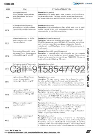 Call -9158547792
EMBEDDED
Contact: +91 9158547792.
Email: projects@candorminds.com, info@candorminds.com, www.candorminds.com
16
CODE TITLE APPLICATION / DESCRIPTION
IEEE2015-INTERNETOFTHINGS
IOT9
Monitoring Of Human
HealthCondition With Less Power
Smart Transmission Mechanism
Based On IOT
Application: Bio Medical
Description: In this system, we are going to monitor health condition of
human with less power. The Blood pressure sensor, Heartbeat sensor
and temperature sensor are used monitor the health status of a patient.
IOT10
An Anonymous Authentication
Scheme for theft vehicles and easy
Plugin charging for Electric Vehicles
Application: Automation
Description: In the proposed system if any vehicle is lost it can be found
easily at charging section In the proposed system we are using the PIC
micro controller for the efficient monitoring.
IOT11
Reliable measurement for Analog
Metering system Using Image
Processing Technic
Application: Energy management
Description: To attain our proposed system need to use PIC16F877A,
RTC, LCD, analog energy meter, IR SENSOR. RTC is nothing but real time
clock it has information like time and date and calendar. Controller
reads the data from RTC.we fix the time in the RTC for certain period of
time(one day).
IOT12
Optimization of Renewable Energy
Sources and Energy StorageSystems
in Islanded Micro grids withIOT
Application:RenewableEnergyManagement
Description: In proposed system both renewable and non renewable
energy is used for generation.Current sensor is calculate the current use.
To attain our proposed system need to use PIC16F877A, RTC, current
sensor,solar,wind mill,battery, LCD,buzzer.
IOT13
The implementation of Nonintrusive
Power Supply Design for Self-
Powered Sensor Networks in the
Smart Grid to detect fault from AC
Power Line
Application:Automation
Description : In the proposed system we are using the PIC micro controller
for the efficient monitoring system for ac load lines. In this we use three
sections. In the self -power sensor section use the solar renewable energy
forcurrentsensor.
IOT14
Implementation of Smart Sensor
Interface for water quality
monitoring in industry using IOT
Application: Green house
Idescription: This paper presents a system that can be used to monitor
the water quality in industries. PH sensor used to measure the PH
content in the water. All sensors are connected on the microcontroller
and the status of the sensors is send to the control section continuously
IOT15
Implementation of WSN for
industrial parameter monitoring
based on Internet of Things (IOT)
Application: Automobiles Industries
Description : In proposed system, Temperature sensor, gas sensor and Ect
sensor are used to monitor the industrial parameter. These three sensors
are interfaced with PIC16F877A. This controller continuously processes
that sensor values and transmit this values to the intermediate node using
Zigbee.
IOT16
IOT based vehicle license plate
recognition system
Application: Security system
Description: In the proposed system Using MATLAB the vehicle’s License
Plate is identified. Using Web Camera mounted over the detection
system image of the license plate is captured and the image is
processed to extract the license no. Here we have designed the system
with the purpose to check traffic violation.
IOT17
Internet based monitoring and
Control Oil Reservoirs
Application:Automation
Description: In proposed system, oil reservoirs are automatically
monitored by Flow sensor, temperature sensor, and viscosity sensor.
These three sensors are interfaced with microcontroller. These three
sensors are used to monitor the temperature, flow and viscosity of the oil.
in addition with this acoustic sensor is connected to the microcontroller.
 