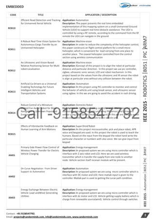 Call -9158547792
EMBEDDED
Contact: +91 9158547792.
Email: projects@candorminds.com, info@candorminds.com, www.candorminds.com
2
IEEE2015-ROBOTICS8051PICARM7IEEE2015-Automation8051PICARM7
CODE TITLE APPLICATION / DESCRIPTION
ROB10
Efficient Road Detection and Tracking
for Unmanned Aerial Vehicle
Application:Automation
Description: The paper presents the real time embedded
implementation of this mapping system on a small Unmanned Ground
Vehicle (UGV) to support real time obstacle avoidance. The UGV is
controlled by using a RF remote, according to the command from the RF
remote the UGV can navigate in the ground.
ROB11
A Robust Real-Time Vision System for
Autonomous Cargo Transfer by an
Unmanned Helicopter
Application:Machinevision
Description: In order to reduce the complexity of the helicopter control,
this paper constructs an flight control platform for a small micro
helicopter, which is convenient for load carrying from one place to
another place. The coaxial helicopter controlled from the control
section using wireless communication
ROB12
An Ultrasonic and Vision-Based
Relative Positioning Sensor for Multi
robot Localization
Application:Machinevision
Description: Concept of this project is to align the robot at particular
distance and particular direction. In this project we use pic controller,
zigbee, ultrasonic sonic sensor, LCD and robot mechanism. In this
project based on the values from the ultrasonic and IR sensor the robot
is align at particular area without any collision between the robot.
ROB13
Artificial Co-Drivers as a Universal
Enabling Technology for Future
Intelligent Vehicles and
Transportation Systems
Application: Automation
Description: In this project using PIC controller to monitor and control
the behavior of vehicle unit using break sensor, and ultrasonic sensor
using zigbee. In this we are going to avoid the accident in rash driving.
ROB14
Robust Control of a Miniature
Ducted-Fan Aerial Robot for Blind
Navigation in Unknown Populated
Environments
Application:DomesticRobot
Description: In this project using controller and ARM to monitor and
control the behavior of vehicle unit using PIR sensor, and ultrasonic
sensor using CAN communication protocol. In this we are going to avoid
the accident and automatic route to the vehicle unit.
ROB15
Effects of Vibrotactile Feedback on
Human Learning of Arm Motions
Application:SuperDroidRobot
Description: In this project microcontroller, pick and place robot, APR
voice and keypad are used. In this project the robot is used to teach the
humans. Based on the input from the keypad the robot hand write the
particular character or numbers with also voice. We can give input from
keypad
AM01
Primary-Side Power Flow Control of
Wireless Power Transfer for Electric
Vehicle Charging
Application:Energymanagement
Description: In proposed system we are using micro controller which is
interface with 2-axis robot and LCD. Here we are used wireless
transmitter which is transfer the supply from one node to another
node. Vehicle section itself receiver module will be present.
AM02
On Curve Negotiation: From Driver
Support to Automation
Application:Automation
Description: In proposed system we are using micro controller which is
interface with DC motor and LCD. Here matlab input is given to the
controller. Matlab part is used to getting the curve path condition.
AM03
Energy Exchange Between Electric
Vehicle Load andWind Generating
Utilities
Application:Energymanagement
Description: In proposed system we are using micro controller which is
interface with dc motor and LCD. Vehicle getting supply battery which is
charge from renewable source(wind). Vehicle control through switches
 