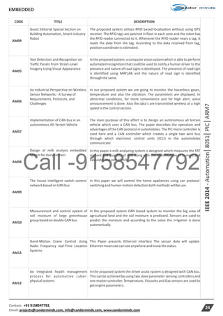 Call -9158547792
EMBEDDED
Contact: +91 9158547792.
Email: projects@candorminds.com, info@candorminds.com, www.candorminds.com
24
CODE TITLE DESCRIPTION
AM04
Guest Editorial Special Section on
Building Automation, Smart Industry
Robot
The proposed system utilizes RFID based localization without using GPS
receiver. The RFID tags are patched in floor in each zone and the robot has
the RFID reader connected to it. Whenever the RFID reader nears a tag, it
reads the data from the tag. According to the data received from tag,
positioncoordinateisestimated.
AM05
Text Detection and Recognition on
Traffic Panels From Street-Level
Imagery Using Visual Appearance
In the proposed system, a computer vision system which is able to perform
automated recognition that could be used to notify a human driver to the
presence and nature of road signs is developed. The presence of road sign
is identified using MATLAB and the nature of road sign is identified
throughthesame.
AM06
An Industrial Perspective on Wireless
Sensor Networks - A Survey of
Requirements, Protocols, and
Challenges
In our proposed system we are going to monitor the hazardous gases,
temperature and also the vibration. The parameters are displayed. In
abnormal conditions, for more convenience and for high alert, voice
announcement is done. Also the data's are transmitted wireless at a high
speed tothecontrolsection.
AM07
Implementation of CAN bus in an
autonomous All-Terrain Vehicle
The main purpose of this effort is to design an autonomous all terrain
vehicle which uses a CAN bus. The paper describes the operation and
advantages of the CAN protocol in automobiles. The PIC micro controller is
used here and a CAN controller which creates a single two wire bus
through which electronic control units (ECU) in the automobiles
communicate.
AM08
Design of milk analysis embedded
systemfordairyfarmers
In this paper a milk analyzing system is designed which measures the FAT
content and quantity of milk along with the identification of farmers and
calculatesthecostofmilk.
AM09
The house intelligent switch control
networkbased onCANbus
In this paper we will control the home appliances using can protocol
switchingandhuman motiondetectionbothmethodswillbe use.
AM10
Measurement and control system of
soil moisture of large greenhouse
groupbasedondoubleCANbus
In the proposed system CAN based system to monitor the big area of
agricultural land and the soil moisture is predicted. Sensors are used to
predict the moisture and according to the value the irrigation is done
automatically.
AM11
Hand-Motion Crane Control Using
Radio Frequency real-Time Location
Systems
This Paper presents Ethernet interface The sensor data will update
Ethernetmeanswecanseeanywhereandknowthestatus.
AM12
An integrated health management
process for automotive cyber-
physicalsystems
In the proposed system the driver assist system is designed with CAN bus.
This can be achieved by using two slave parameter sensing controllers and
one master controller. Temperature, Viscosity and Gas sensors are used to
getengineparameters.
IEEE2014-Automation8051PICARM7
 