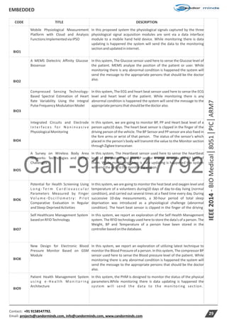 Call -9158547792
EMBEDDED
Contact: +91 9158547792.
Email: projects@candorminds.com, info@candorminds.com, www.candorminds.com
29
CODE TITLE DESCRIPTION
BIO1
Mobile Physiological Measurement
Platform with Cloud and Analysis
FunctionsImplementedviaIPSO
In this proposed system the physiological signals captured by the three
physiological signal acquisition modules are sent via a data interface
module to a mobile hand held device. While monitoring there is data
updating is happened the system will send the data to the monitoring
sectionandupdatedininternet.
BIO2
A MEMS Dielectric Affinity Glucose
Biosensor
In this system, The Glucose sensor used here to sense the Glucose level of
the patient. MEMS analyze the position of the patient or user. While
monitoring there is any abnormal condition is happened the system will
send the message to the appropriate persons that should be the doctor
also.
BIO3
Compressed Sensing Technology-
Based Spectral Estimation of Heart
Rate Variability Using the Integral
PulseFrequencyModulation Model
In this system, The ECG and heart beat sensor used here to sense the ECG
level and heart level of the patient. While monitoring there is any
abnormal condition is happened the system will send the message to the
appropriatepersonsthatshouldbethedoctoralso.
BIO4
Integrated Circuits and Electrode
I n t e r fa c e s fo r N o n i nv a s i v e
PhysiologicalMonitoring
In this system, we are going to monitor BP, PP and Heart beat level of a
person upto10 days. The heart beat sensor is clipped in the finger of the
driving person of the vehicle. The BP Sensor and PP sensor are also fixed in
the fore arms or wrist of that person. The status of the sensor's which
placed in the person's body will transmit the value to the Monitor section
throughZigbeetransceiver.
BIO5
A Survey on Wireless Body Area
Networks: Technologies and Design
Challenges
In this system, The Heartbeat sensor used here to sense the heartbeat
level of the patient and also BP sensor is used to sense the BP level of
them. While monitoring there is data updating is happened the system
willsendthedatatothemonitoringsection.
BIO6
Potential for Health Screening Using
L o n g - Te r m C a r d i o v a s c u l a r
Parameters Measured by Finger
Vo l u m e - O s c i l l o m e t r y : P i l o t
Comparative Evaluation in Regular
andSleep-DeprivedActivities
In this system, we are going to monitor the heat beat and oxygen level and
temperature of a volunteers during10 days of day-to-day living (normal
condition), and carried out several times at a fixed time every day. During
successive 10-day measurements, a 30-hour period of total sleep
deprivation was introduced as a physiological challenge (abnormal
condition). The heart beat sensor is clipped in the finger of the driving
BIO7
Self Healthcare Management System
basedonRFIDTechnology
In this system, we report an exploration of the Self Health Management
system. The RFID technology used here to store the data's of a person. The
Weight, BP and Temperature of a person have been stored in the
controllerbasedonthedatabase.
BIO8
New Design for Electronic Blood
Pressure Monitor Based on GSM
Module
In this system, we report an exploration of utilizing latest technique to
monitor the Blood Pressure of a person. In this system, The compressor BP
sensor used here to sense the Blood pressure level of the patient. While
monitoring there is any abnormal condition is happened the system will
send the message to the appropriate persons that should be the doctor
also.
BIO9
Patient Health Management System
u s i n g e - H e a l t h M o n i t o r i n g
Architecture
In this system, the PHM is designed to monitor the status of the physical
parameters.While monitoring there is data updating is happened the
system will send the data to the monitoring section.
IEEE2014-BIOMedical8051PICARM7
 
