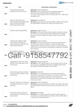 Call -9158547792
EMBEDDED
Contact: +91 9158547792.
Email: projects@candorminds.com, info@candorminds.com, www.candorminds.com
6
CODE TITLE APPLICATION / DESCRIPTION
IEEE2015-GSM&GPS8051PICARM7
GP01
Understanding Taxi Service
Strategies From Taxi GPS Traces
Application:AmbientIntelligence
Description: In this proposed system, we are going to design an
automatic call taxi booking system using GSM technology.
This system automatically sends the booking status as a SMS (Short
messageservice)
GP02
Real-Time GPS Precise Point
Positioning-BasedPerceptible Water
Vapor Estimation forRainfall
Monitoring and Forecasting
Application:GreenMachine
Description: In our project we estimate weather condition with location
by using pic16f877a controller, GPS, GSM, and humidity sensor.
GP03
Traffic Sensing Through MATLAB Application:ImageProcessing
Description: In this system we estimate the traffic level before entering
the traffic section by using ARM controller MATLAB, GPS and Zigbee.
The camera is used to capture the image in traffic section by using
MATLAB
GP04
Implementing Intelligent Traffic
Control System forCongestion
Control, Ambulance Clearance,And
Stolen Vehicle Detection
Application:SmartSurveillance
Description: In the proposed system to improve the existing system a
new Green wave system is developed. In which the traffic signal
management for emergency vehicle is include. To make the proposed
system to work, each and every vehicle going for registration is provided
with a RFID tag
GP05
Energy-Efficient Models of
Sustainable Location for vehicle
Inspection Station with Emission
Constraints
Application:Automotive
Description: In our project we detect the vehicle which is pollute our
atmosphere for that we use controller,CO2 sensor ,GPS and GSM
GP06
Energy-Efficient Real-Time Human
Mobility State Classification Using
Smart phones
Application:Energymanagement
Description: In this proposed system, the exact location of the moving
person is get by using MEMS technology. Here MEMS accelerometer,
GPS, GSM are interfaced with 8051 microcontroller.
GP07
Sensed: Sensing Driving Conditions
to Estimate Vehicle Speed in Urban
Environments
Application:Automotive
Description: In our proposed system we estimate vehicle speed in
urban environment and also if accident is occur then send the vehicle
information to the hospital. This process is achieved by using
PIC16F877A controller, GSM, GPS, speed sensor, vibration sensor, and
driver circuit, motor.
GP08
Automatic detection and notification
of potholes and humps on roads to
aid drivers
Application:AmbientIntelligence
Description: In our proposed system we detect the pothole in the roads
by using PIC16F877A microcontroller, ultrasonic sensor, GPS, GSM, and
APR IC.
GP09
A Smart Phone-Based Pocket Fall
AccidentDetection, Positioning, and
Rescue System
Application:Bio-Gadgets
Description: In our project we make the system for elder people by
using the micro controller, MEMS accelerometer, GPS and GSM. Sensor
is used to find out the fall detection
 