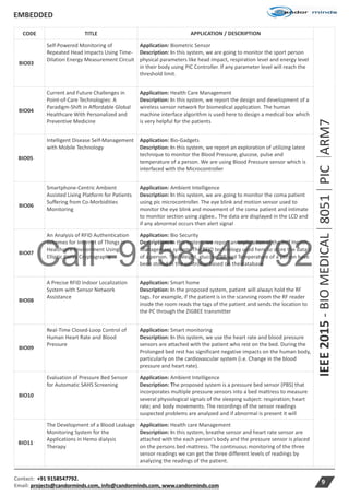 Call -9158547792
EMBEDDED
Contact: +91 9158547792.
Email: projects@candorminds.com, info@candorminds.com, www.candorminds.com
9
IEEE2015-BIOMEDICAL8051PICARM7
CODE TITLE APPLICATION / DESCRIPTION
BIO03
Self-Powered Monitoring of
Repeated Head Impacts Using Time-
Dilation Energy Measurement Circuit
Application: Biometric Sensor
Description: In this system, we are going to monitor the sport person
physical parameters like head impact, respiration level and energy level
in their body using PIC Controller. If any parameter level will reach the
threshold limit.
BIO04
Current and Future Challenges in
Point-of-Care Technologies: A
Paradigm-Shift in Affordable Global
Healthcare With Personalized and
Preventive Medicine
Application: Health Care Management
Description: In this system, we report the design and development of a
wireless sensor network for biomedical application. The human
machine interface algorithm is used here to design a medical box which
is very helpful for the patients
BIO05
Intelligent Disease Self-Management
with Mobile Technology
Application: Bio-Gadgets
Description: In this system, we report an exploration of utilizing latest
technique to monitor the Blood Pressure, glucose, pulse and
temperature of a person. We are using Blood Pressure sensor which is
interfaced with the Microcontroller
BIO06
Smartphone-Centric Ambient
Assisted Living Platform for Patients
Suffering from Co-Morbidities
Monitoring
Application: Ambient Intelligence
Description: In this system, we are going to monitor the coma patient
using pic microcontroller. The eye blink and motion sensor used to
monitor the eye blink and movement of the coma patient and intimate
to monitor section using zigbee.. The data are displayed in the LCD and
if any abnormal occurs then alert signal
BIO07
An Analysis of RFID Authentication
Schemes for Internet of Things in
Healthcare Environment Using
Elliptic Curve Cryptography
Application: Bio Security
Description: In this system, we report an exploration of the Self Health
Management system. The RFID technology used here to store the data's
of a person. The Weight, glucose, BP and Temperature of a person have
been stored in the controller based on the database
BIO08
A Precise RFID Indoor Localization
System with Sensor Network
Assistance
Application: Smart home
Description: In the proposed system, patient will always hold the RF
tags. For example, if the patient is in the scanning room the RF reader
inside the room reads the tags of the patient and sends the location to
the PC through the ZIGBEE transmitter
BIO09
Real-Time Closed-Loop Control of
Human Heart Rate and Blood
Pressure
Application: Smart monitoring
Description: In this system, we use the heart rate and blood pressure
sensors are attached with the patient who rest on the bed. During the
Prolonged bed rest has significant negative impacts on the human body,
particularly on the cardiovascular system (i.e. Change in the blood
pressure and heart rate).
BIO10
Evaluation of Pressure Bed Sensor
for Automatic SAHS Screening
Application: Ambient Intelligence
Description: The proposed system is a pressure bed sensor (PBS) that
incorporates multiple pressure sensors into a bed mattress to measure
several physiological signals of the sleeping subject: respiration; heart
rate; and body movements. The recordings of the sensor readings
suspected problems are analyzed and if abnormal is present it will
BIO11
The Development of a Blood Leakage
Monitoring System for the
Applications in Hemo dialysis
Therapy
Application: Health care Management
Description: In this system, breathe sensor and heart rate sensor are
attached with the each person's body and the pressure sensor is placed
on the persons bed mattress. The continuous monitoring of the three
sensor readings we can get the three different levels of readings by
analyzing the readings of the patient.
 