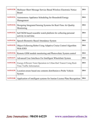 SANS E30. Multiuser Short Message Service Based Wireless Electronic Notice 
Board 
2014 
SANS E31. Autonomous Appliance Scheduling for Household Energy 
Management 
2014 
SANS E32. Designing Integrated Sensing Systems for Real-Time Air Quality 
Monitoring 
2014 
SANS E33. Self M2M based wearable watch platform for collecting personal 
activity in real time. 
2014 
SANS E34. Speech Biometric Based Attendance System 2014 
SANS E35. Object-Following Robot Using Adaptive Cruise Control Algorithm 
With IOIO 
2014 
SANS E36. Remote GSM module monitoring and Photovoltaic System control 2014 
SANS E37. Advanced User Interfaces For Intelligent Wheelchair System 2014 
SANS E38. Energy-Efficient Train Operation in Urban Rail Transit Using Real- 
Time Traffic Information 
2014 
SANS E39. Location-aware based one contents distribution n Probe Vehicle 
System 
2014 
SANS E40. Application of intelligent systems for Iranian License Plate Recognition 2014 
Sans Innovations : 98430 64229 www.sansinnovations.in 
