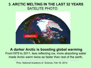 A darker Arctic is boosting global warming
From1979 to 2011, less reflecting ice, more absorbing water
made Arctic warm twice as faster than rest of the earth,
http://www.pnaorg/content/early/2014/02/13/1318201111.abstract
Proc. National Academy of Science, Feb 18, 2014.
3. ARCTIC MELTING IN THE LAST 32 YEARS
SATELITE PHOTO
 