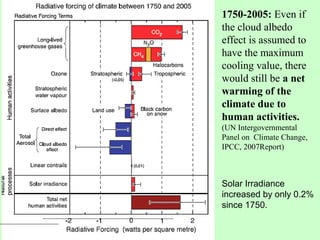 1750-2005: Even if
the cloud albedo
effect is assumed to
have the maximum
cooling value, there
would still be a net
warming of the
climate due to
human activities.
(UN Intergovernmental
Panel on Climate Change,
IPCC, 2007Report)
Solar Irradiance 
increased by only 0.2% 
since 1750. 
 
