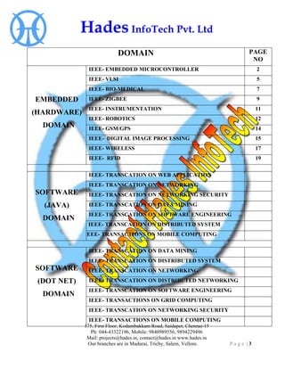 Hades InfoTech Pvt. Ltd
                            DOMAIN                                            PAGE
                                                                               NO
              IEEE- EMBEDDED MICROCONTROLLER                                      2
              IEEE- VLSI                                                          5
              IEEE- BIO-MEDICAL                                                   7
EMBEDDED      IEEE- ZIGBEE                                                        9
              IEEE- INSTRUMENTATION                                               11
(HARDWARE)
              IEEE- ROBOTICS                                                      12
  DOMAIN      IEEE- GSM/GPS                                                       14
              IEEE- DIGITAL IMAGE PROCESSING                                      15
              IEEE- WIRELESS                                                      17
              IEEE- RFID                                                          19


              IEEE- TRANSCATION ON WEB APPLICATION
              IEEE- TRANSCATION ON NETWORKING
SOFTWARE      IEEE- TRANSCATION ON NETWORKING SECURITY
  (JAVA)      IEEE- TRANSCATION ON DATA MINING
              IEEE- TRANSCATION ON SOFTWARE ENGINEERING
  DOMAIN
              IEEE- TRANSCATION ON DISTRIBUTED SYSTEM
             IEEE- TRANSACTIONS ON MOBILE COMPUTING

              IEEE- TRANSCATION ON DATA MINING
              IEEE- TRANSCATION ON DISTRIBUTED SYSTEM
SOFTWARE      IEEE- TRANSCATION ON NETWORKING
 (DOT NET)    IEEE- TRANSCATION ON DISTRIBUTED NETWORKING
              IEEE- TRANSCATION ON SOFTWARE ENGINEERING
  DOMAIN
              IEEE- TRANSACTIONS ON GRID COMPUTING
              IEEE- TRANSCATION ON NETWORKING SECURITY
              IEEE- TRANSACTIONS ON MOBILE COMPUTING
             175, First Floor, Kodambakkam Road, Saidapet, Chennai-15
               Ph: 044-43322196, Mobile: 9840989556, 9894229496
              Mail: projects@hades.in, contact@hades.in www.hades.in
              Our branches are in Madurai, Trichy, Salem, Vellore.      Page |3
 