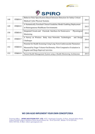 148 ITBIO14
149 ITBIO15
150 ITBIO16
151 ITBIO17
152 ITBIO18
153 ITBIO19
Behavior Rule Specification-Based Intrusion Detection for Safety Critical
Medical Cyber Physical Systems
2015
A Semantically Enriched Clinical Guideline Model Enabling Deployment
in Heterogeneous Healthcare Environments
2015
Integrated Circuits and Electrode Interfaces for Noninvasive Physiological
Monitoring
2014
A Survey on Wireless Body Area Networks: Technologies and Design
Challenges
2014
Potential for Health Screening Using Long-Term Cardiovascular Parameters
Measured by Finger Volume-Oscillometry: Pilot Comparative Evaluation in 2014
Regular and Sleep-Deprived Activities
Patient Health Management System using e-Health Monitoring Architecture 2014
WE CAN ALSO IMPLEMENT YOUR OWN CONCEPT/IDEA
Training Office: - SPIRO SOLUTIONS PVT. LTD, #257, Sapthagiri Complex, II Floor, Katpadi Main Road,
Vellore-632007,(Opp to Reliance Petrol Bunk )Phone No: 0416 2241901, Mobile: 9176 620 620,
9042 599 936, E-Mail: vellore.spiro@gmail.com
 
