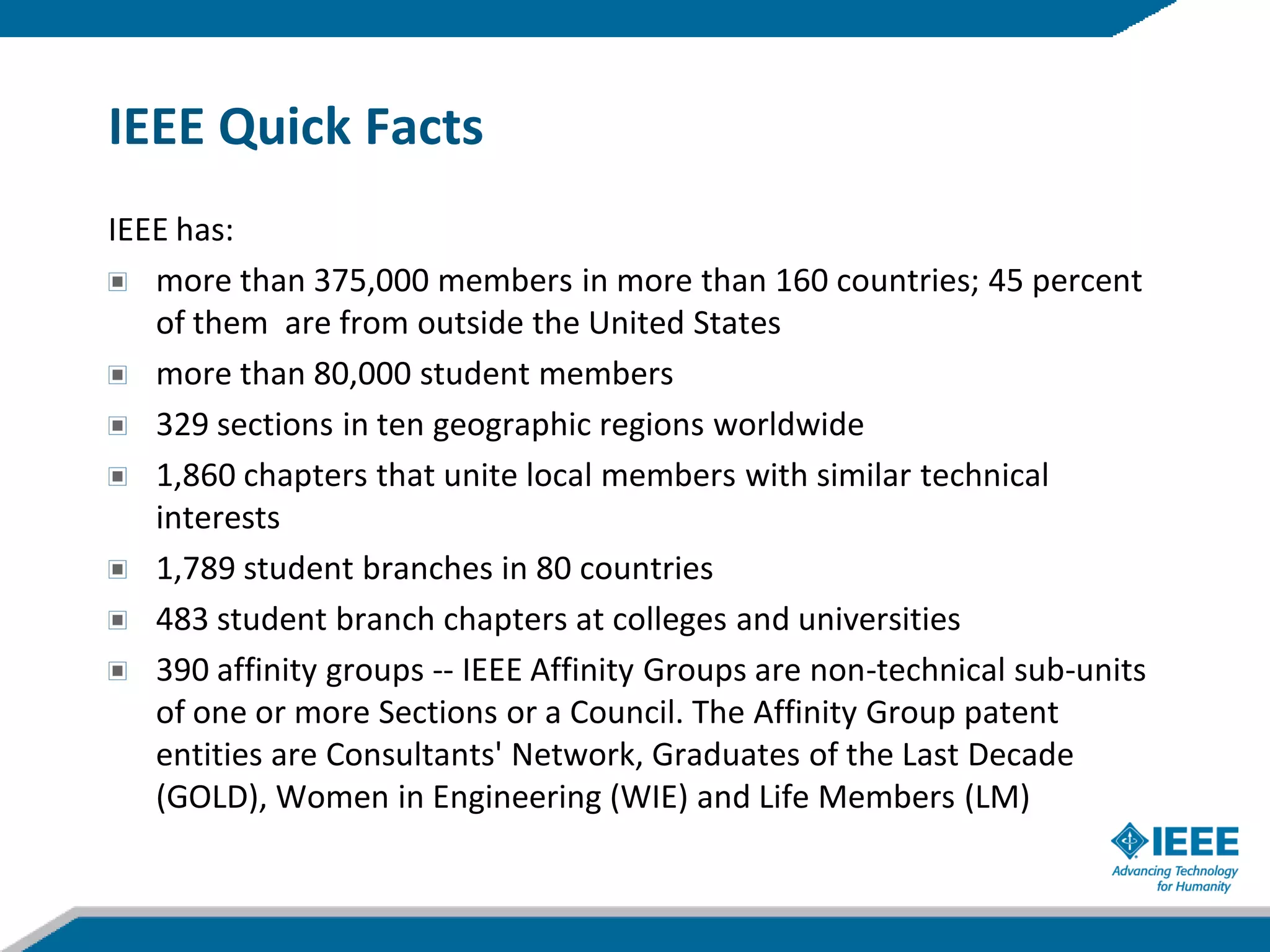 IEEE Quick Facts
IEEE has:
   more than 375,000 members in more than 160 countries; 45 percent
   of them are from outside the United States
   more than 80,000 student members
   329 sections in ten geographic regions worldwide
   1,860 chapters that unite local members with similar technical
   interests
   1,789 student branches in 80 countries
   483 student branch chapters at colleges and universities
   390 affinity groups -- IEEE Affinity Groups are non-technical sub-units
   of one or more Sections or a Council. The Affinity Group patent
   entities are Consultants' Network, Graduates of the Last Decade
   (GOLD), Women in Engineering (WIE) and Life Members (LM)
 