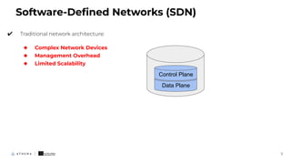 ✔ Traditional network architecture:
◆ Complex Network Devices
◆ Management Overhead
◆ Limited Scalability
Software-Deﬁned Networks (SDN)
7
Data Plane
Control Plane
 