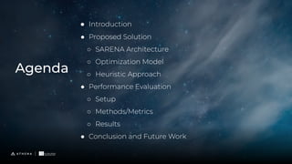 Agenda
● Introduction
● Proposed Solution
○ SARENA Architecture
○ Optimization Model
○ Heuristic Approach
● Performance Evaluation
○ Setup
○ Methods/Metrics
○ Results
● Conclusion and Future Work
 