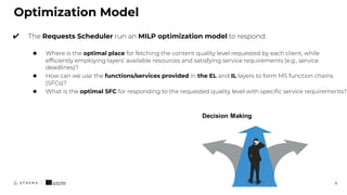 9
✔ The Requests Scheduler run an MILP optimization model to respond:
◆ Where is the optimal place for fetching the content quality level requested by each client, while
efﬁciently employing layers’ available resources and satisfying service requirements (e.g., service
deadlines)?
◆ How can we use the functions/services provided in the EL and IL layers to form MS function chains
(SFCs)?
◆ What is the optimal SFC for responding to the requested quality level with speciﬁc service requirements?
Optimization Model
 
