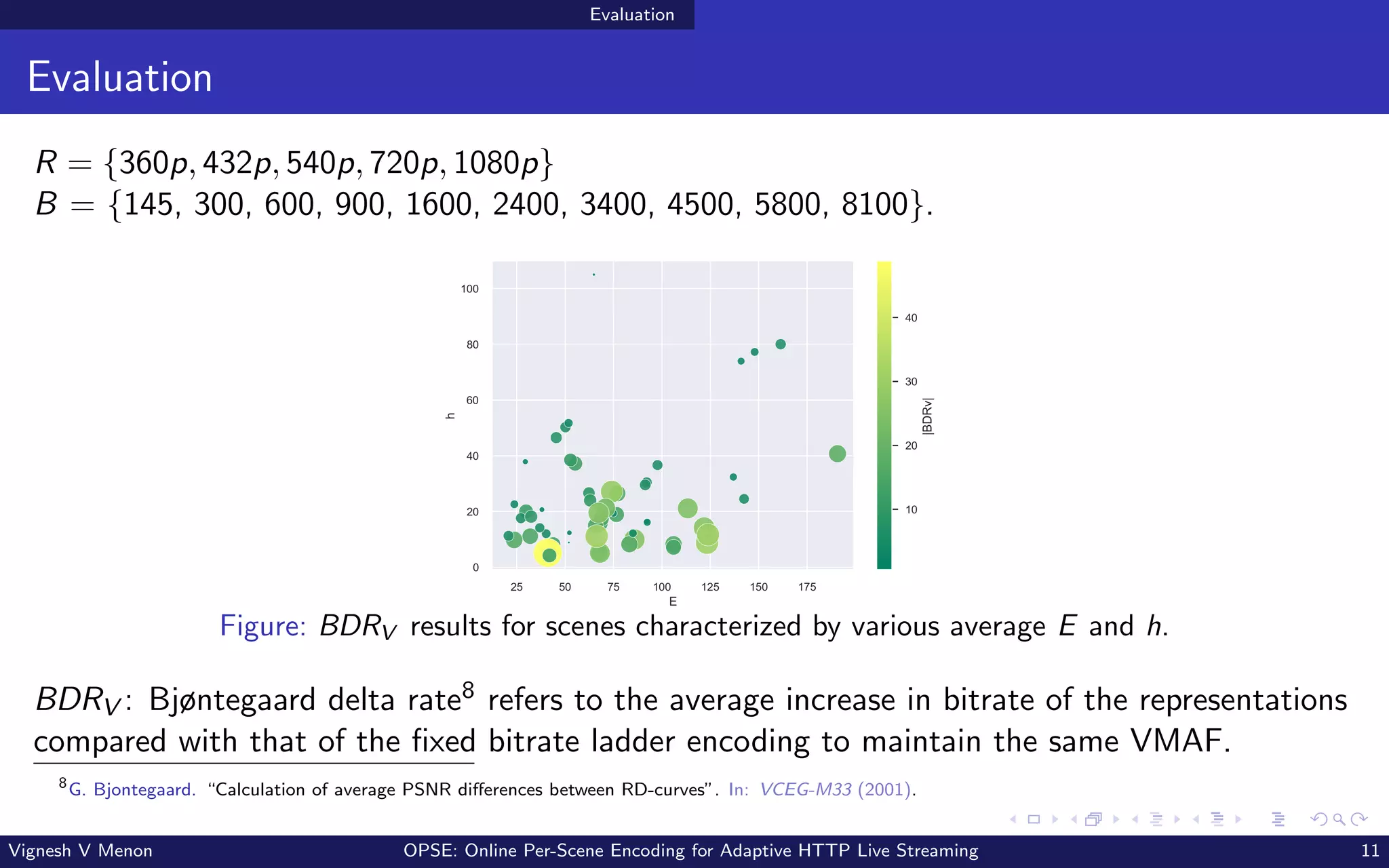 Evaluation
Evaluation
R = {360p, 432p, 540p, 720p, 1080p}
B = {145, 300, 600, 900, 1600, 2400, 3400, 4500, 5800, 8100}.
Figure: BDRV results for scenes characterized by various average E and h.
BDRV : Bjøntegaard delta rate8 refers to the average increase in bitrate of the representations
compared with that of the fixed bitrate ladder encoding to maintain the same VMAF.
8
G. Bjontegaard. “Calculation of average PSNR differences between RD-curves”. In: VCEG-M33 (2001).
Vignesh V Menon OPSE: Online Per-Scene Encoding for Adaptive HTTP Live Streaming 11
 