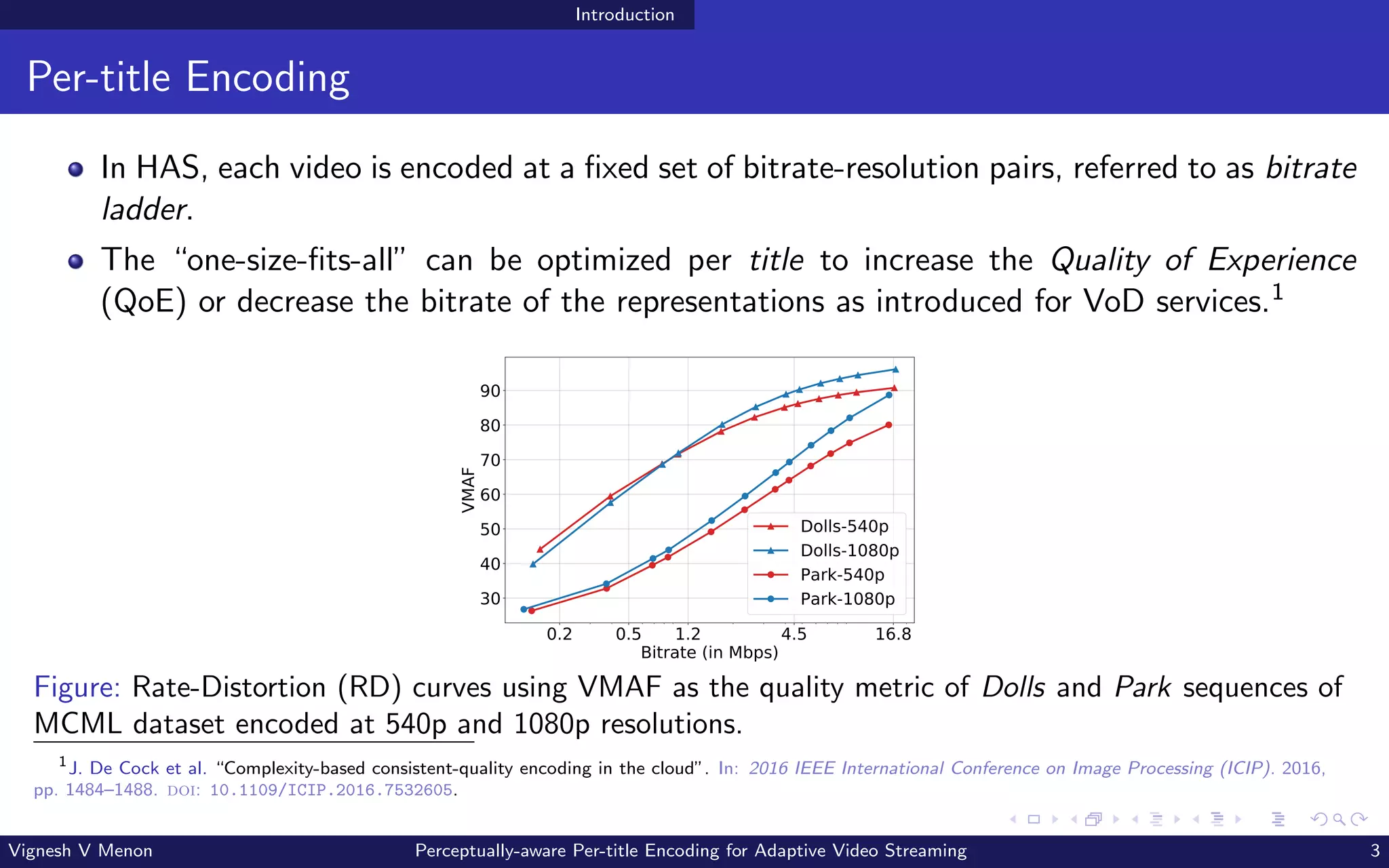 Introduction
Per-title Encoding
In HAS, each video is encoded at a fixed set of bitrate-resolution pairs, referred to as bitrate
ladder.
The “one-size-fits-all” can be optimized per title to increase the Quality of Experience
(QoE) or decrease the bitrate of the representations as introduced for VoD services.1
0.2 0.5 1.2 4.5 16.8
Bitrate (in Mbps)
30
40
50
60
70
80
90
VMAF
Dolls-540p
Dolls-1080p
Park-540p
Park-1080p
Figure: Rate-Distortion (RD) curves using VMAF as the quality metric of Dolls and Park sequences of
MCML dataset encoded at 540p and 1080p resolutions.
1
J. De Cock et al. “Complexity-based consistent-quality encoding in the cloud”. In: 2016 IEEE International Conference on Image Processing (ICIP). 2016,
pp. 1484–1488. doi: 10.1109/ICIP.2016.7532605.
Vignesh V Menon Perceptually-aware Per-title Encoding for Adaptive Video Streaming 3
 